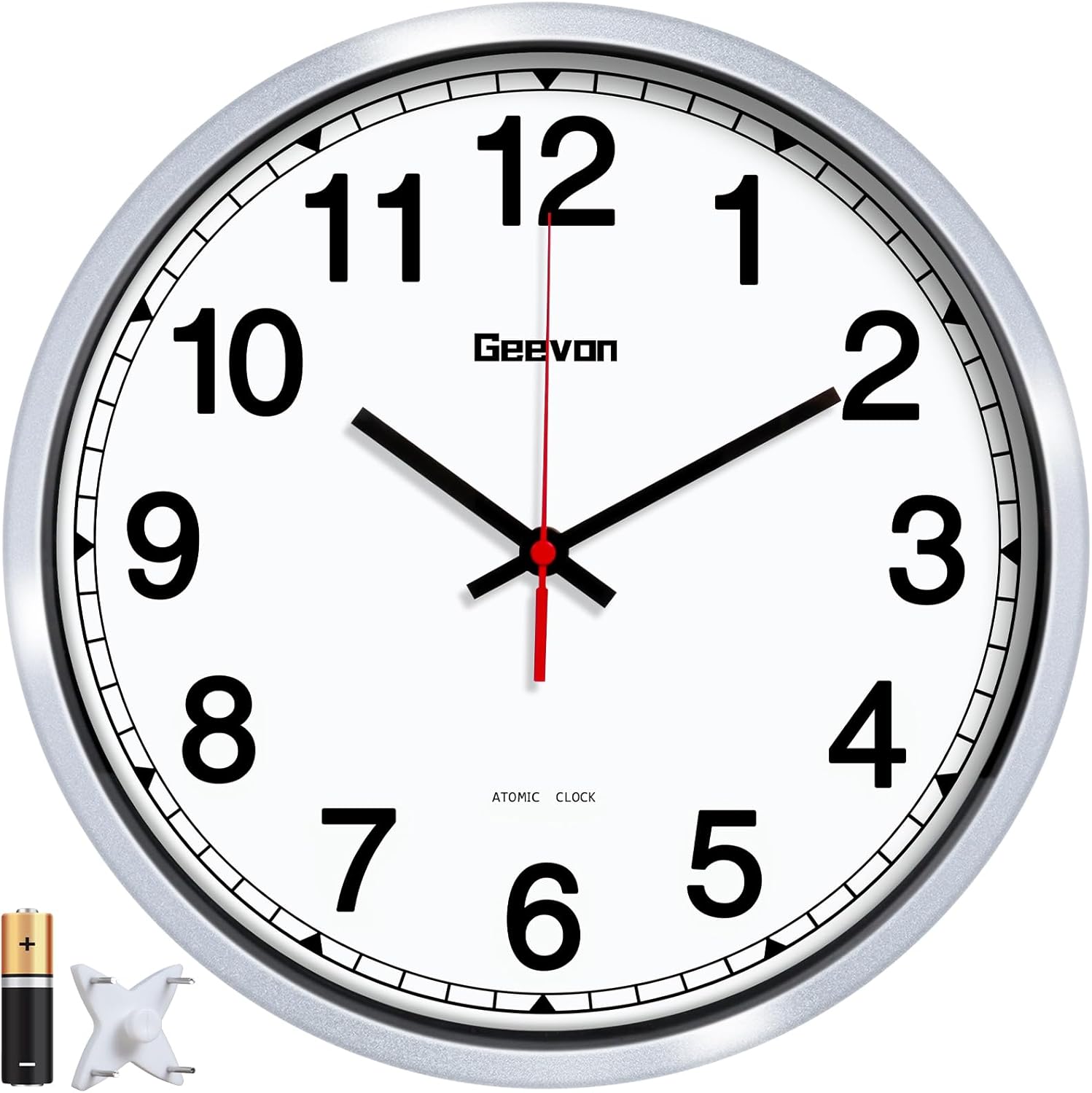 Geevon 12 Inch Atomic Wall Clock – Self-Setting Analog Clock with Automatic Time Sync – Battery Operated for Home Office School – Silver Frame