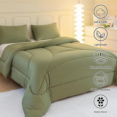 Miniatura 3 de LETSLEEP Juego de edredón tamaño Queen color verde oscuro, juego de ropa de cama de diseño ergonómico de 3 piezas con relleno de edredón de