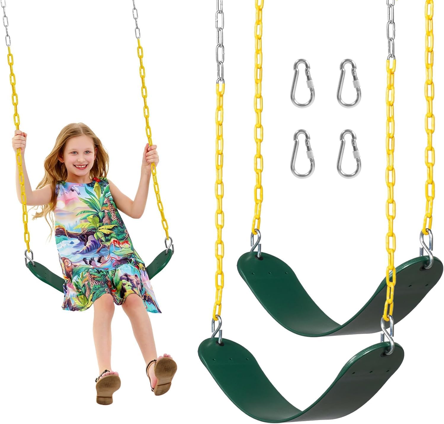 - Decorlife 2 Pack Outdoor Swings Seats with 66" Rust-Resistant Heavy Duty Chain, Playground Swing Set Accessories Replacement Anti-Slip Seats, Backyard Swing Support 330lb for Kids or Adults (Green)