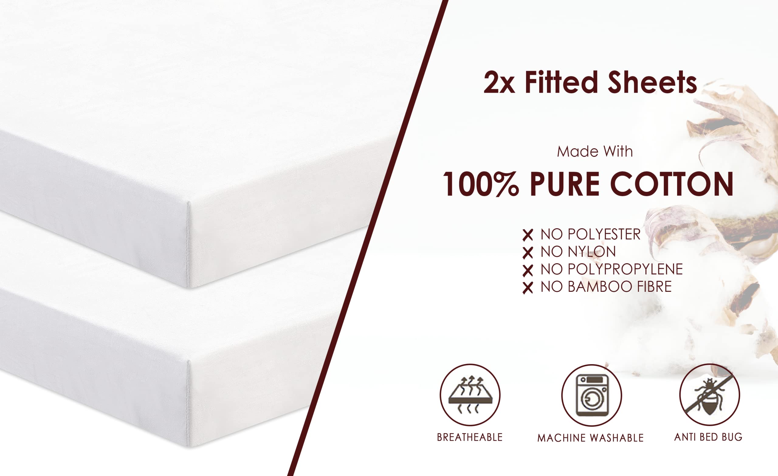 2 Pack 100% Cotton Crib Fitted Sheets, White, 90 x 50 cm - Image 2