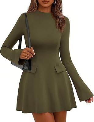 PRETTYGARDEN Women's Elegant Holiday Short Dress 2026 Fall Bell Long Sleeve Mock Neck Work Business Casual Party Mini Dress