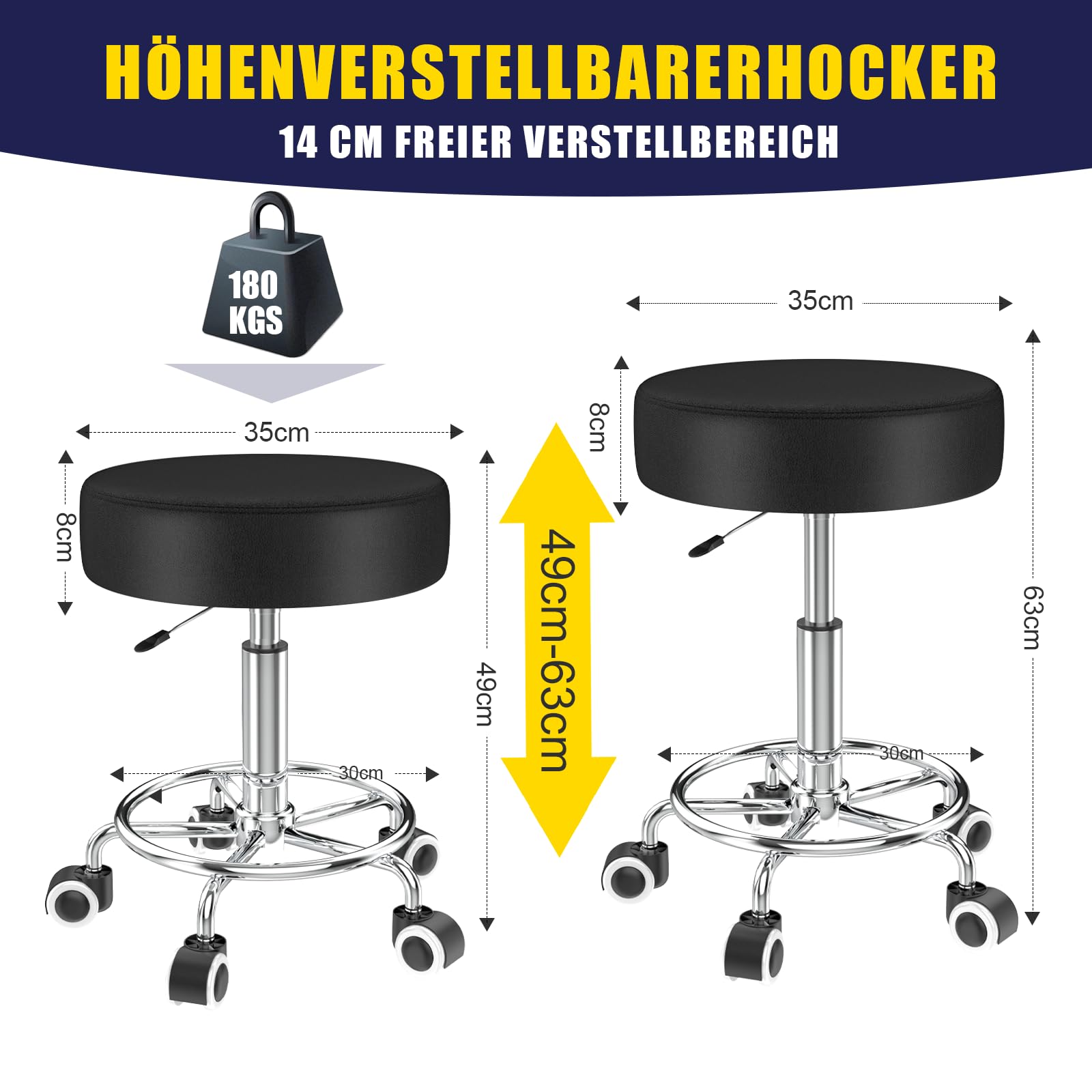 Hocker höhenverstellbar 49cm-63cm,Rollhocker mit fußstützezur Entspannung des Körpers,kompakt,bequem und leicht PU leder hocker mit rollen,drehhocker,arbeitshocker,friseurhocker,bürohocker (1 Schwarz)