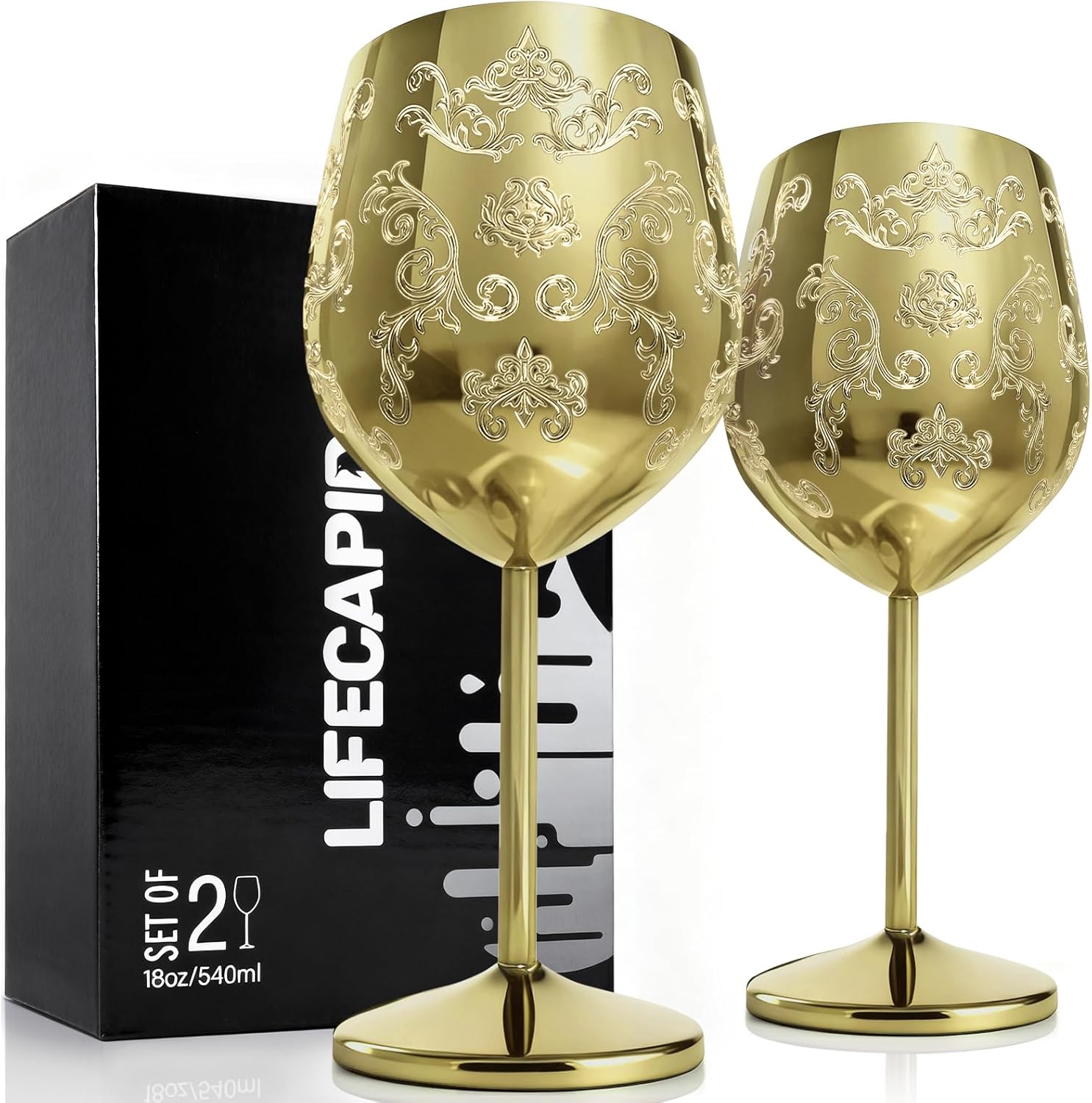 Lifecapido Stainless Steel Wine Glasses Set of 2, 18oz Etched Gold Wine Goblets, Unique Wine Glasses with Intricate Baroque Engravings for Party Wedding Anniversary