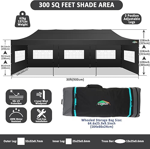 Miniatura 141 de COBIZI - Toldo desplegable de 10 x 10 pies, 4 paredes laterales, FPU 50+ para todo el año, resistente al viento, impermeable, uso comercial, Gris