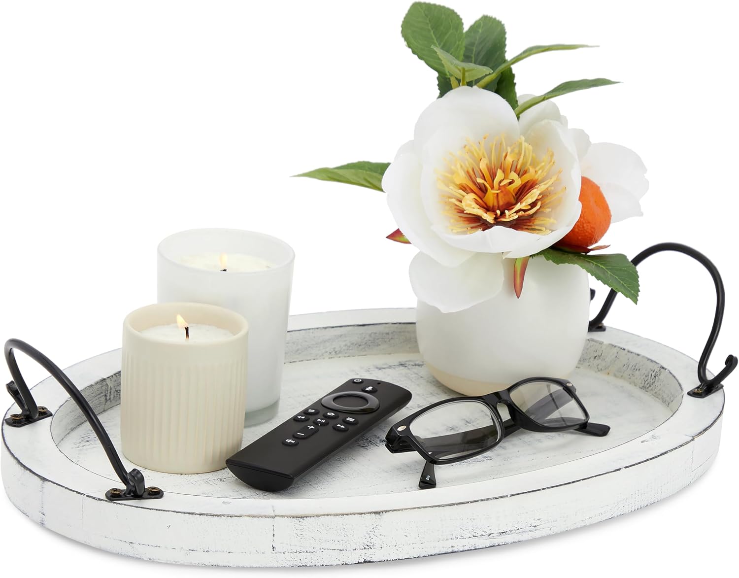 Farmlyn Creek Wooden Tray - 16 x 11 x 2 in, Rustic White Oval - Serving Platter with Handles for Coffee Table Decor & Bed Tray Use - Table Centerpiece for Farmhouse Decor