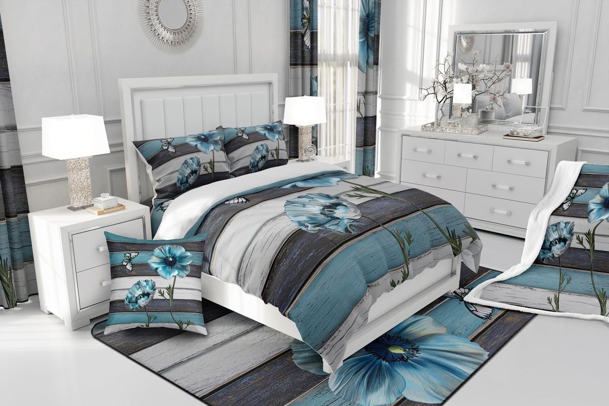 Manfei Teal Floral Sheet Set Queen Size, Flower Butterfly Bed Sheet Set 4pcs with Deep Pocket Fitted Sheet + Flat Sheet + 2 Pillowcases, Rustic Farmhouse Style Bedding Set for Kid Boy Girls Room Decor