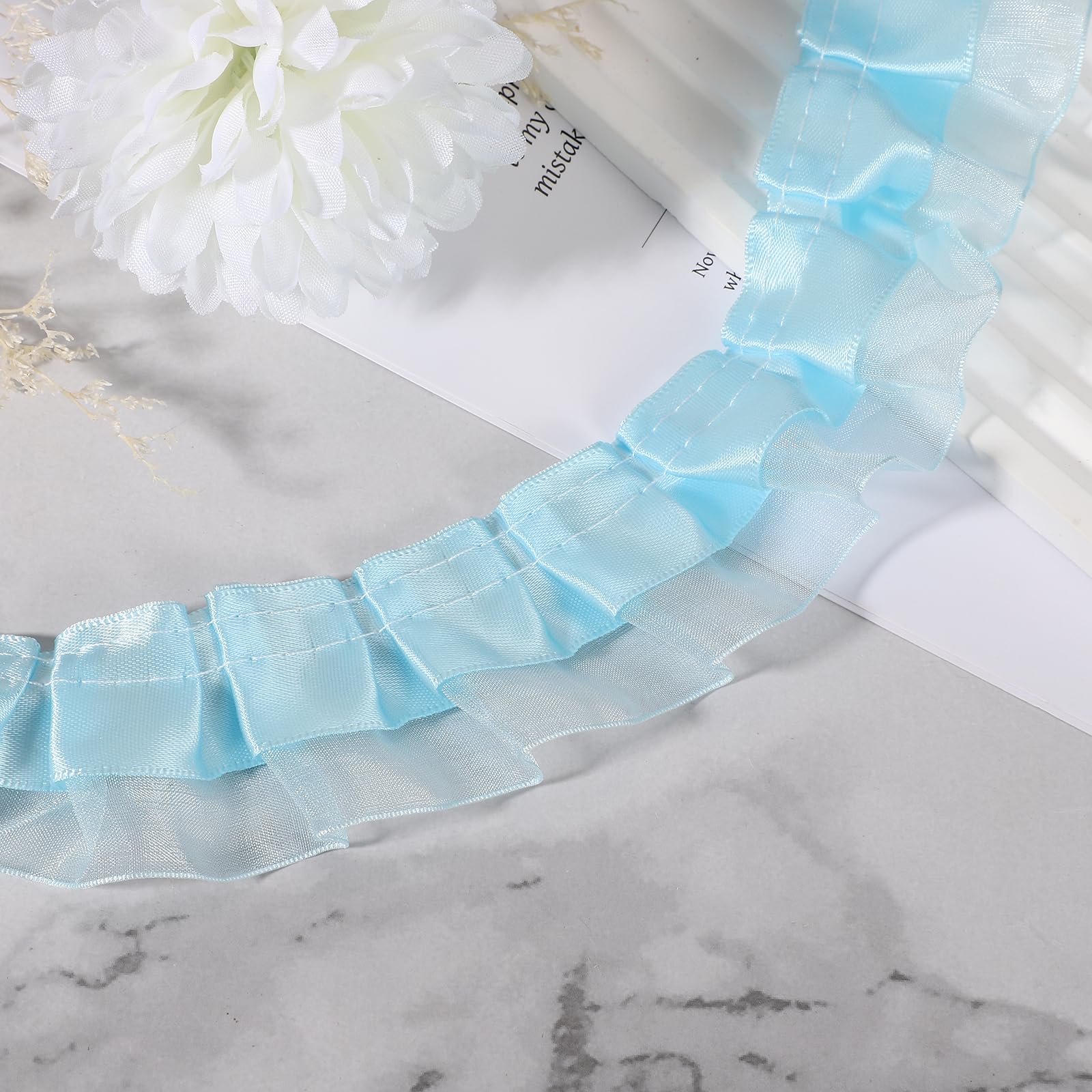 sourcing map 10 Yards 2-Layer Satin Ruffle Trim Lace Ribbon Sewing Lace Fabric Trim for DIY Craft Dress Clothing Wedding Gift Home Decoration, Solid Blue