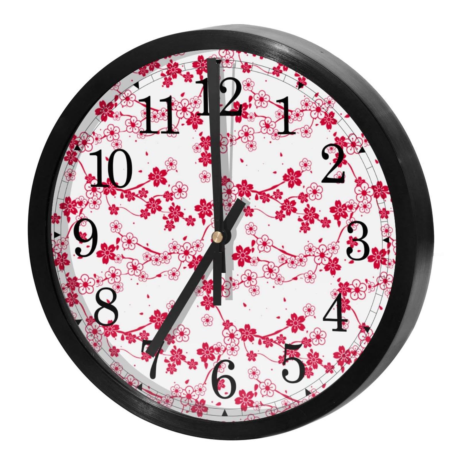 Horloge murale silencieuse à quartz motif fleurs de cerisier rouge pour salon et bureau