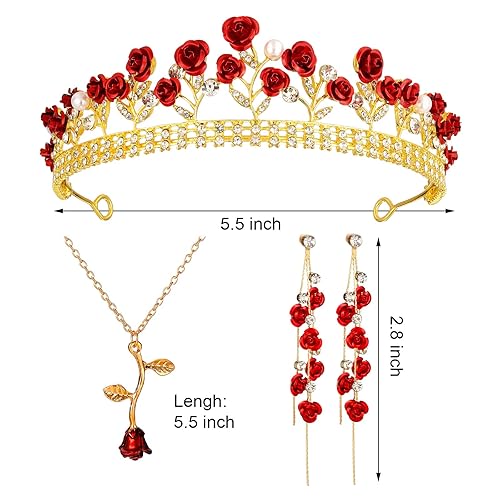 Miniatura 2 de Sureio Tiaras de rosas rojas para novia, coronas de reina, collares largos personalizados, aretes colgantes de flores de rosa, joyería de flores