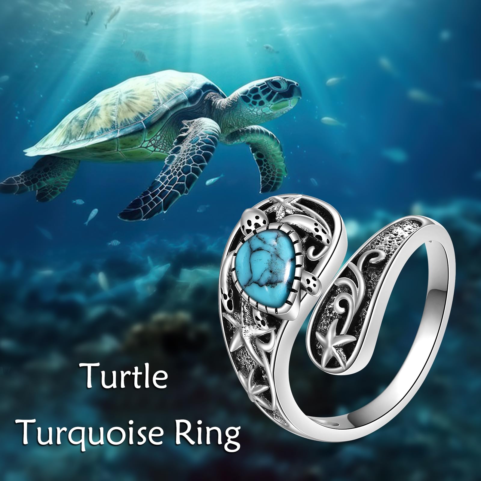 YFN Anello a forma di tartaruga del mare, in argento Sterling 925, con tartaruga turchese, regolabile, vintage, cucchiaio, anello per le donne del mare, Argento sterling, Nessuna pietra preziosa
