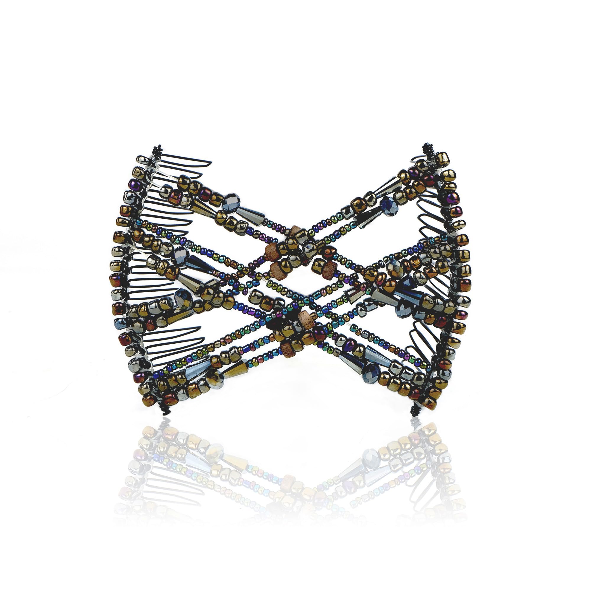 Decorative Beaded Fine Wire Hair Clip - Effortless, Adjustable Stretch Double Combs by HairZing No Damage, Creases, or Pain. (Earth - Medium)
