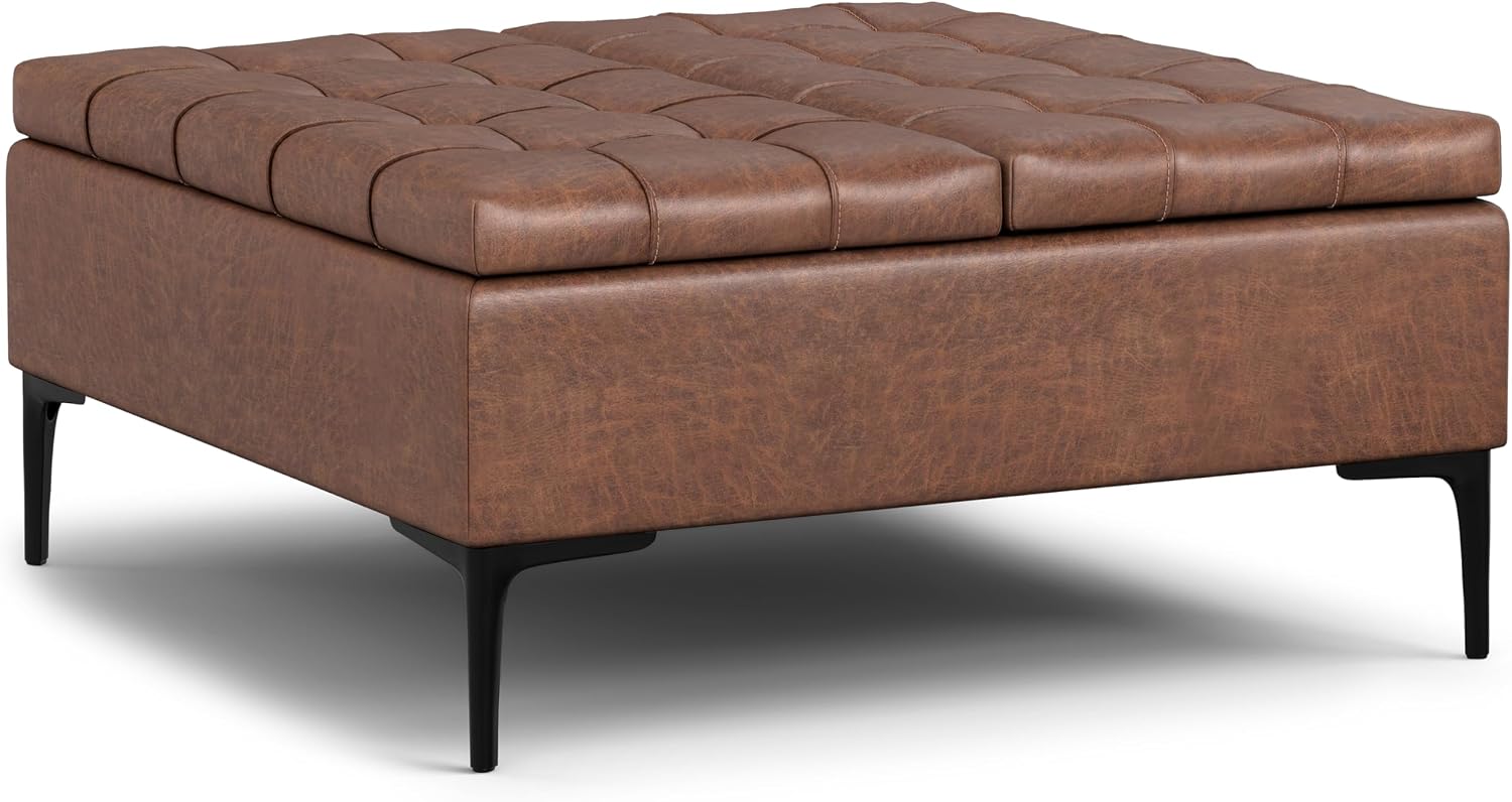 SIMPLIHOME Laura 36 inch Wide Mid Century Square Mid Century Lift Top Storage Ottoman in Distressed Saddle Brown Vegan Faux Leather, Assembled, For the Living Room, Entryway and Family Room