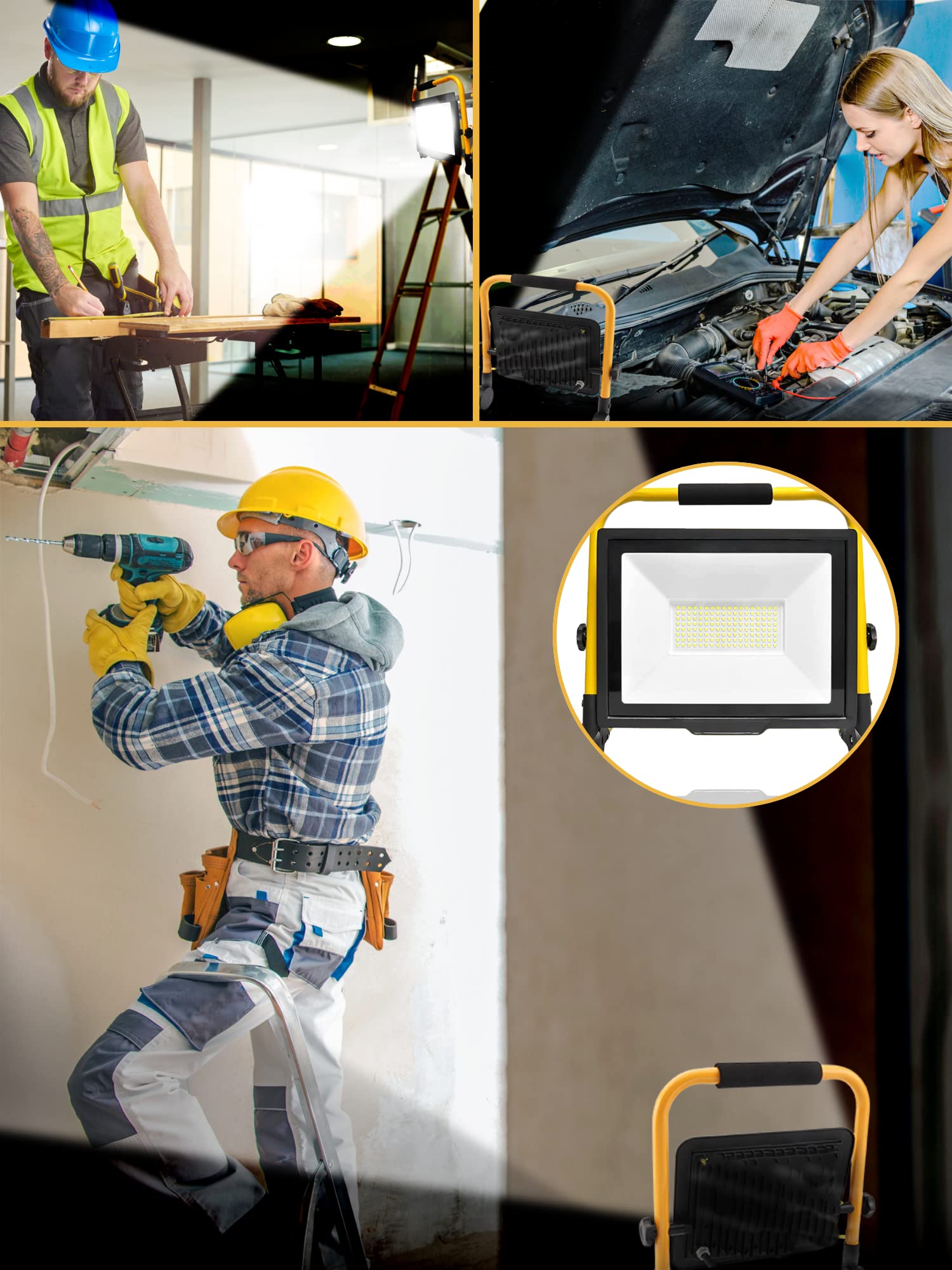 Foco de Trabajo LED 200W, Foco Proyector Portátil, Luz de Inundación Blanca 6000K, 20000LM, Panel Giratorio 360º, Impermeable IP65, Plegable, Cable 3m. Iluminación de Exterior, Taller, Obra, Garaje