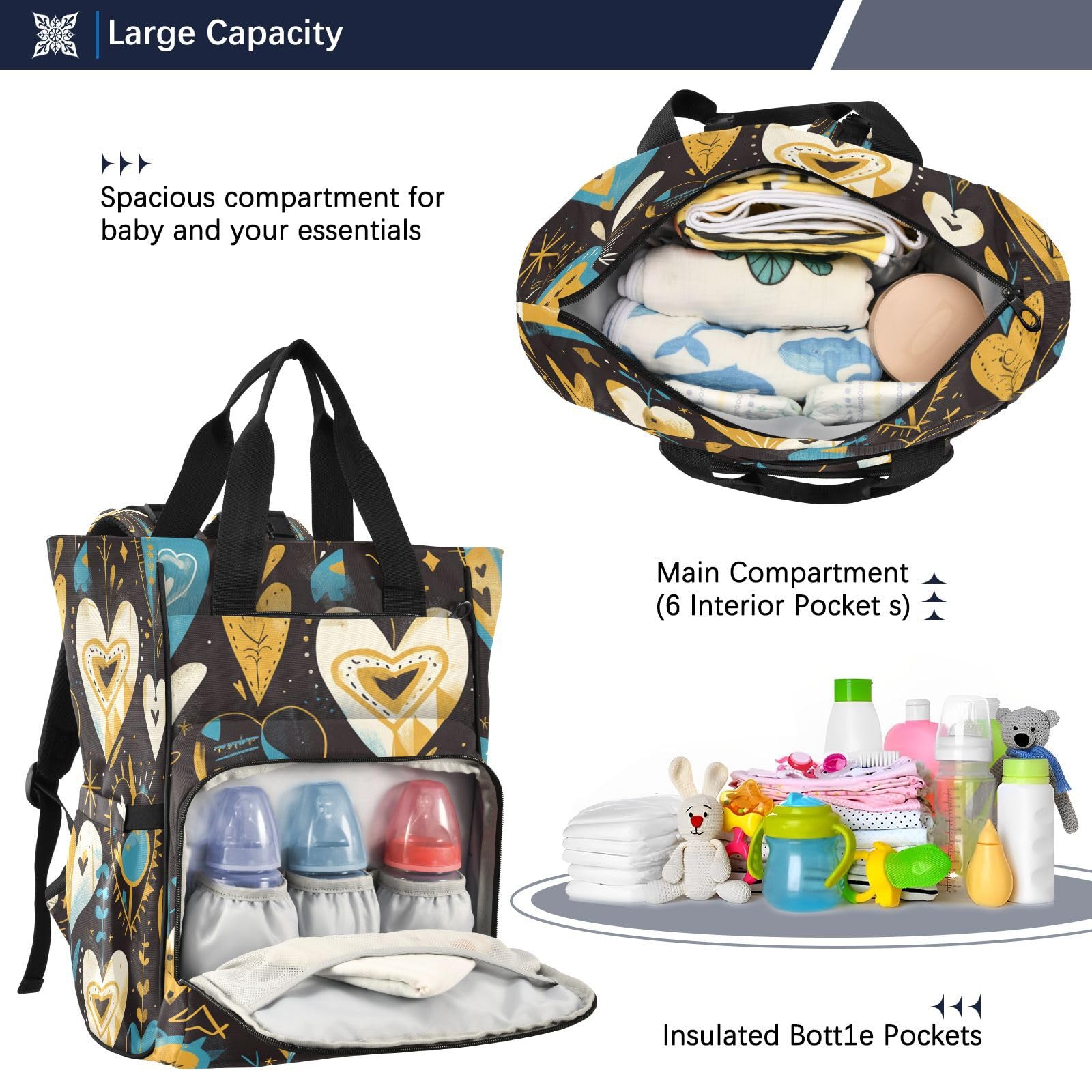 Corazones Azules Dorados Estrellas Bolsa de Pañales Mochila de Viaje Gran Capacidad Bolsas para Mamá Papá Mujeres Niñas