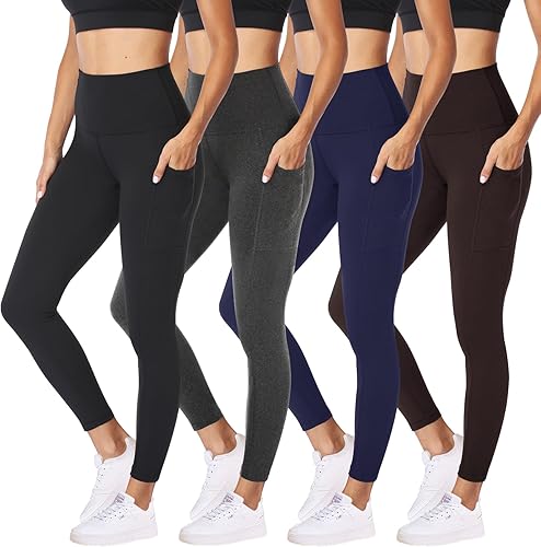 Miniatura 29 de NexiEpoch - Paquete de 4 leggings suaves para mujer, con bolsillos, control de abdomen y cintura alta, pantalones capri para yoga y ejercicio