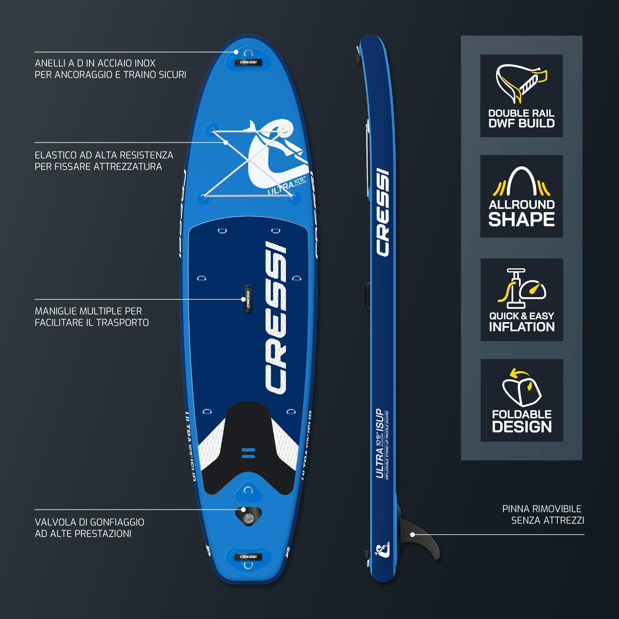 CRESSI Depuis 1946 - Ultra Isup/Kayak Set - Planche de Sup Gonflable pour Adultes, Stable et Résistante Accessoires Tous Inclus Pagaie Aileron Pompe Leash Sac Transport_320x81x15 cm Max 130 kg
