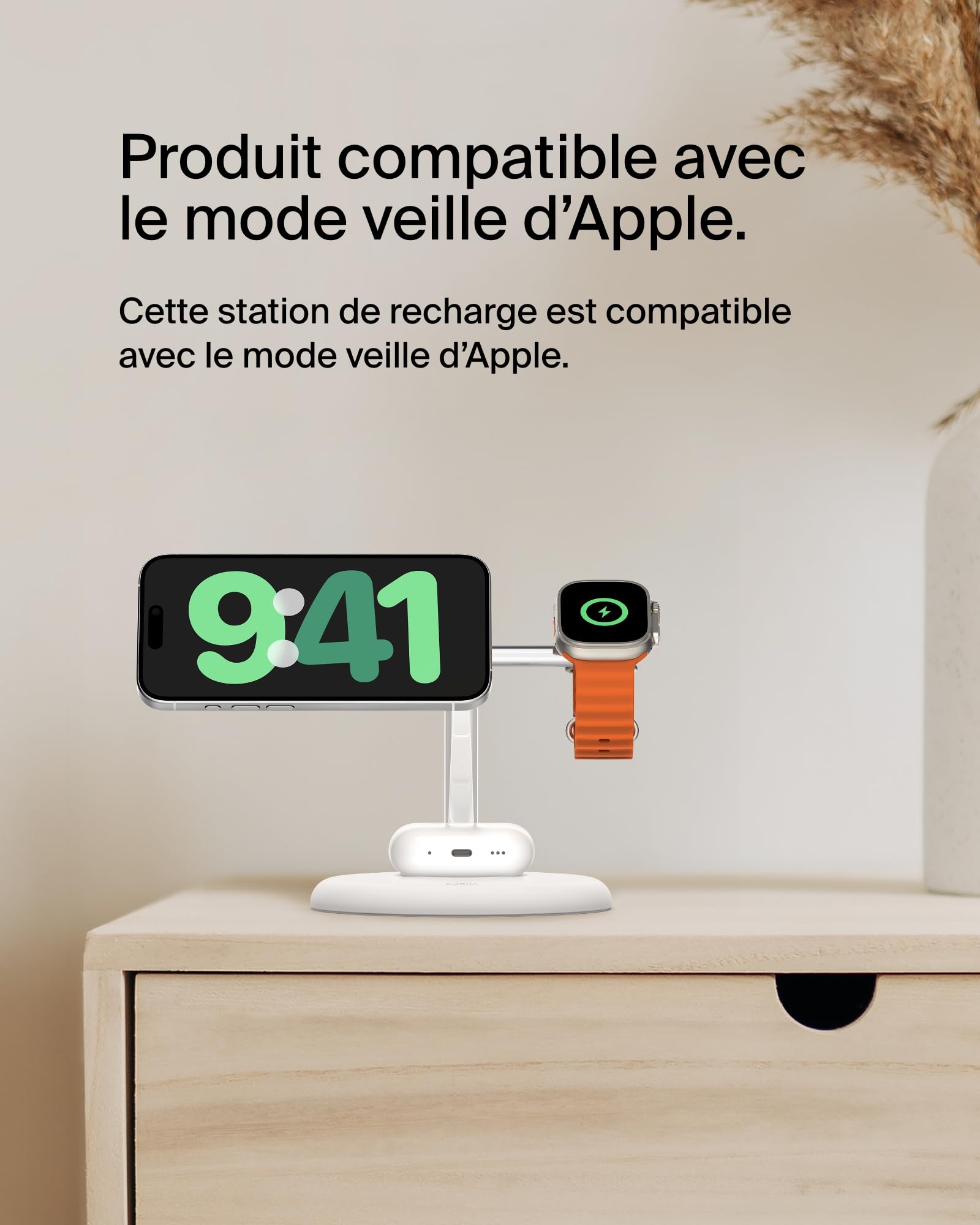 Belkin BoostCharge Pro Station de Recharge 3-en-1 avec Qi2, 15 W, MagSafe, pour l'iPhone 17, iPhone Air, 16, Pixelsnap, AirPods, Apple Watch, etc., Adaptateur Secteur Inclus - Blanc