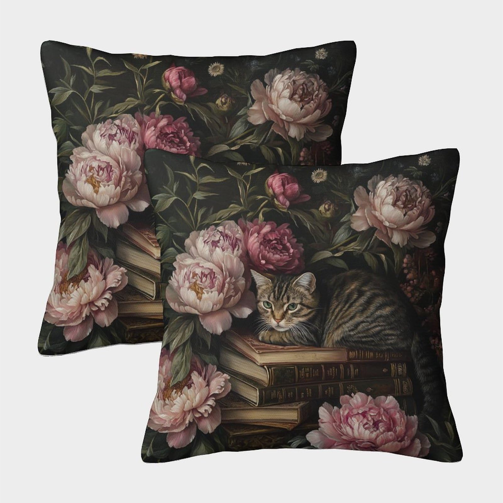 kaiyun 2 Pack Throw Pillowcase 45x45cmBooks, Cats,Big Peony, Plants Pattern Cushion Cover Home Decoration