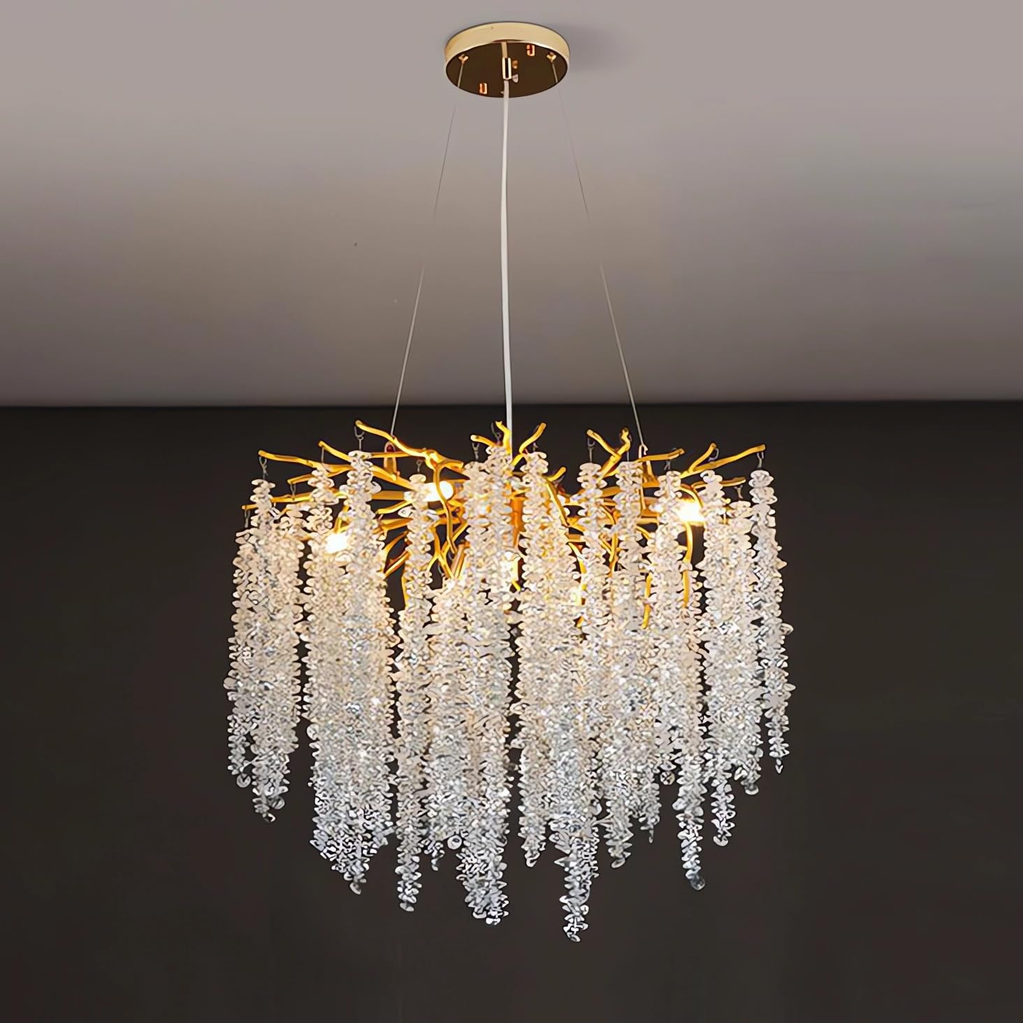 KXEcoLife Modern Crystal Tree Branch Chandelier, Luxury Raindrop Pendant Light Fixture Hanging for Dining Room Bedroom Living Entryway,Round D60cm