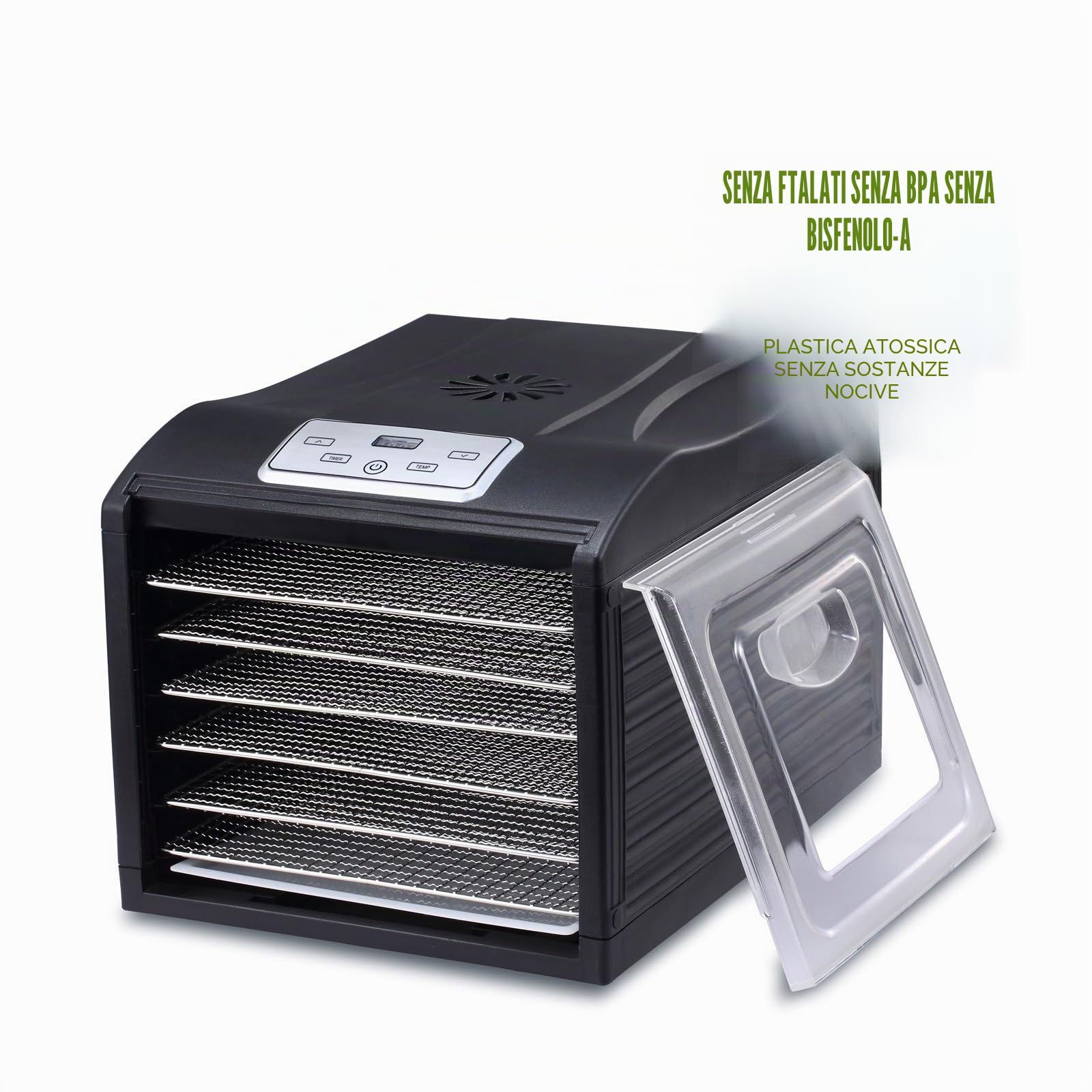 Essiccatore BioChef Arizona Sol a 6 ripiani - Porta trasparente, ripiani acciaio inox, sistema di essiccazione orizzontale, BPA Free e Enzyme Protection Technology