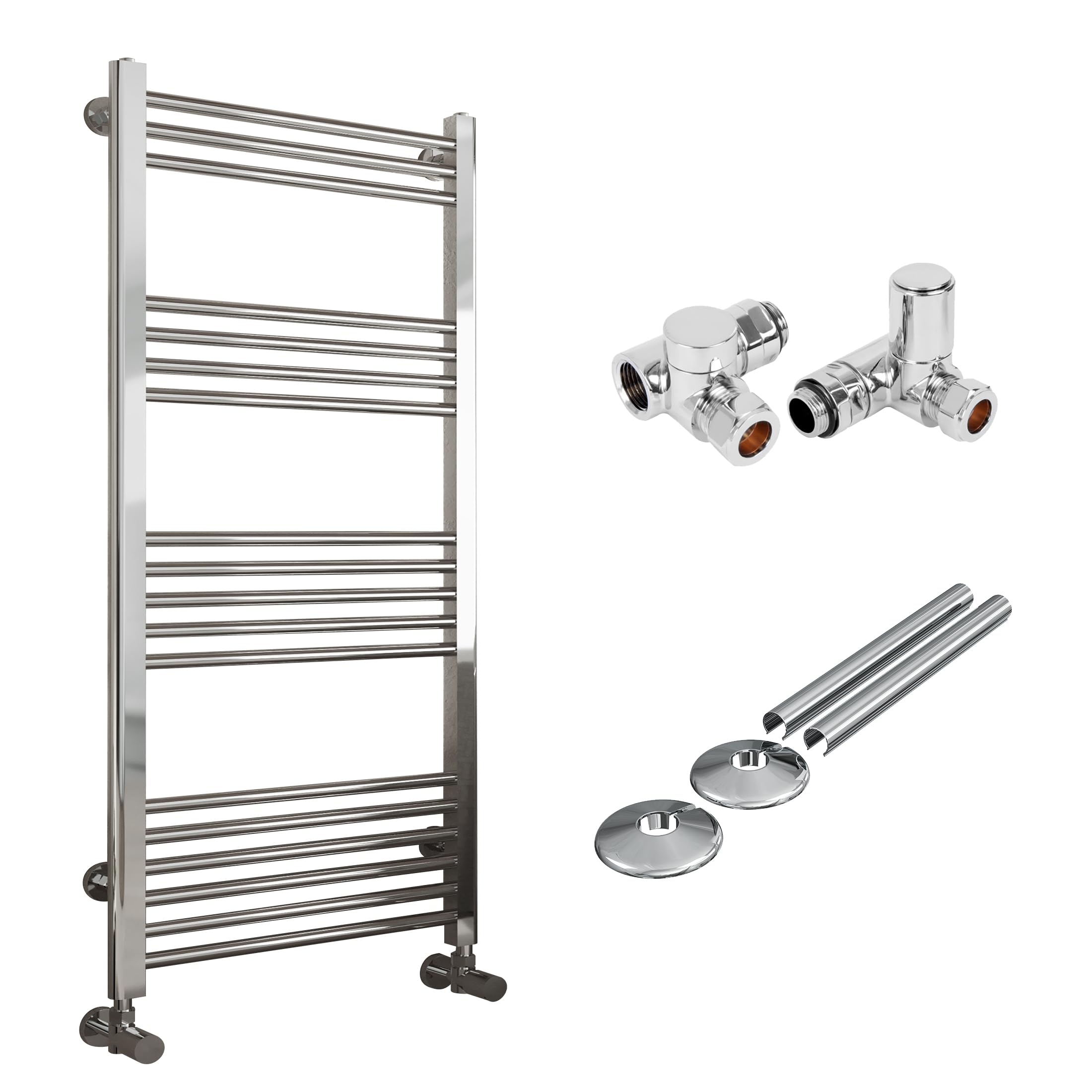 FNX Bathrooms Chrome Straight Heated Towel Rail Radiator 500X1600mm With Dual Fuel Manual Corner Valves & Pipe Covers from B&Q