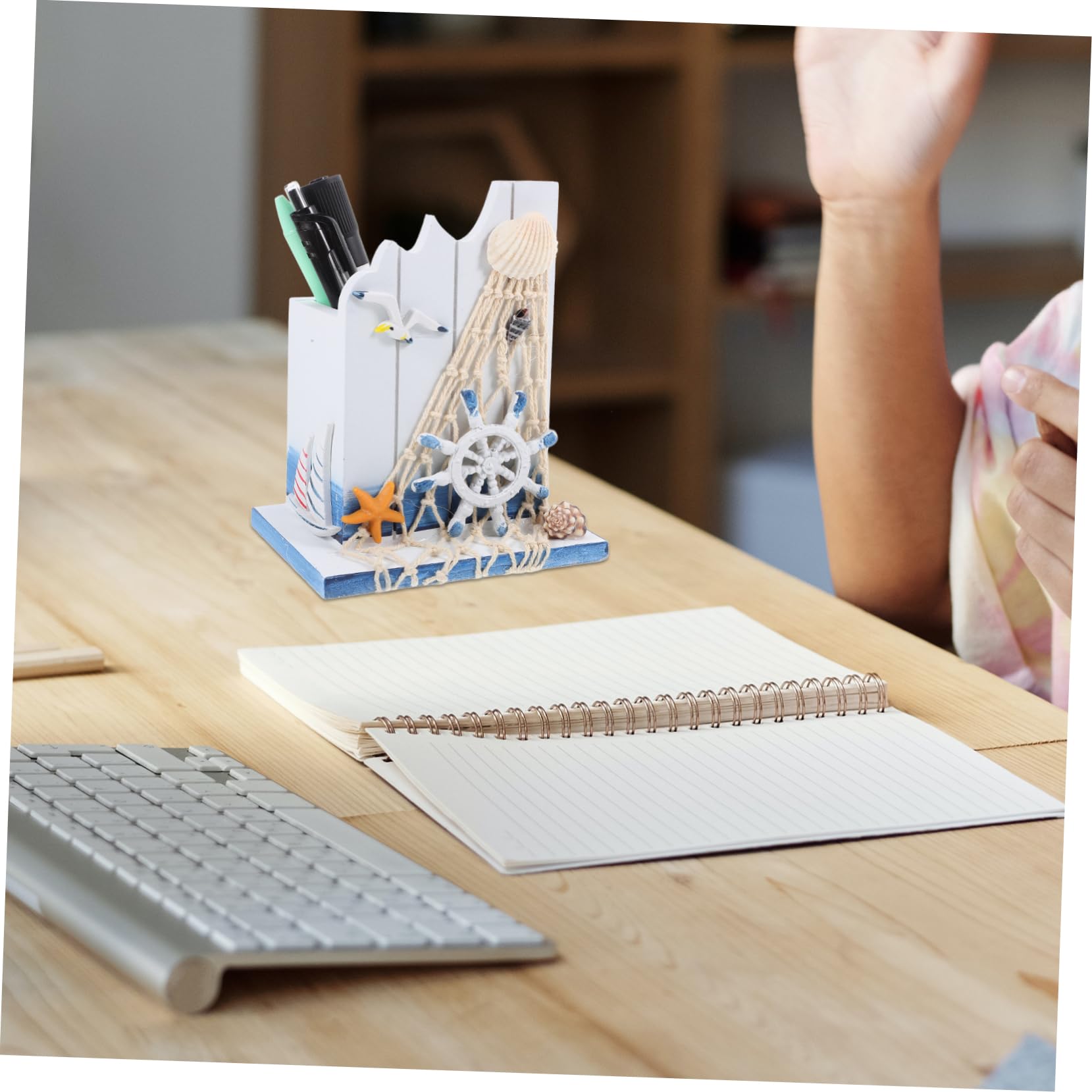 Uonlytech Wooden Pen Holder Nautical Desk Organizer Mediterranean Style Pen Container Multipurpose Desktop Stationery and Makeup Brush Storage for Home Office - Image 4