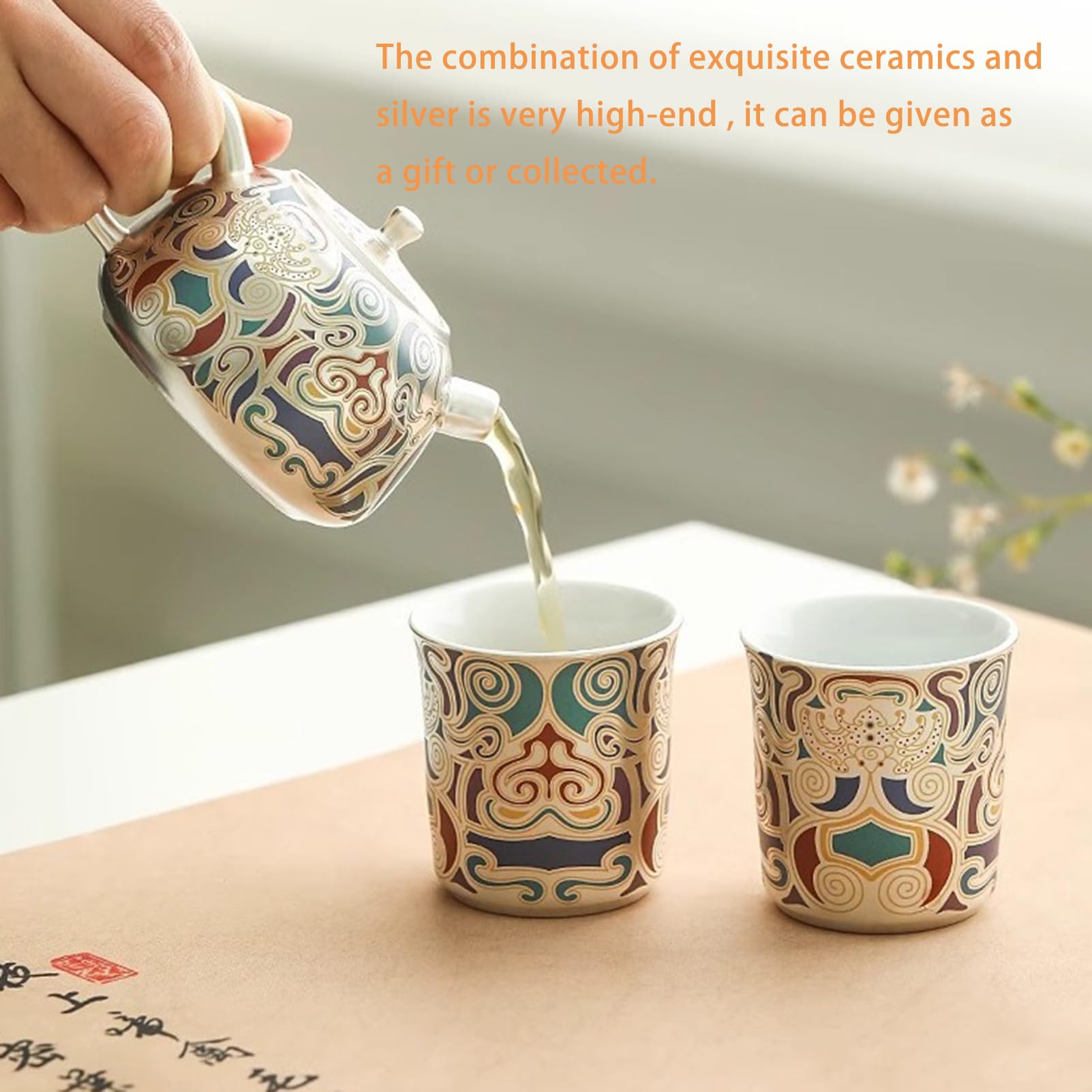 FOTN Juego de té vintage único, cerámica y plata, 1 olla, 2 tazas, 1 alfombrilla para olla, 1 caja de regalo, juegos de té KungFu, juego de tazas de café de lujo, taza para beber