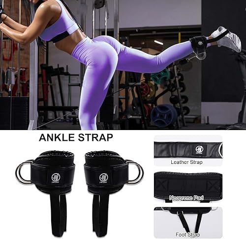 Miniatura 4 de J Bryant Juego de almohadillas de cuero con 2 correas de tobillo de cuero para máquinas de cable y correas de levantamiento de pesas, cojín grueso