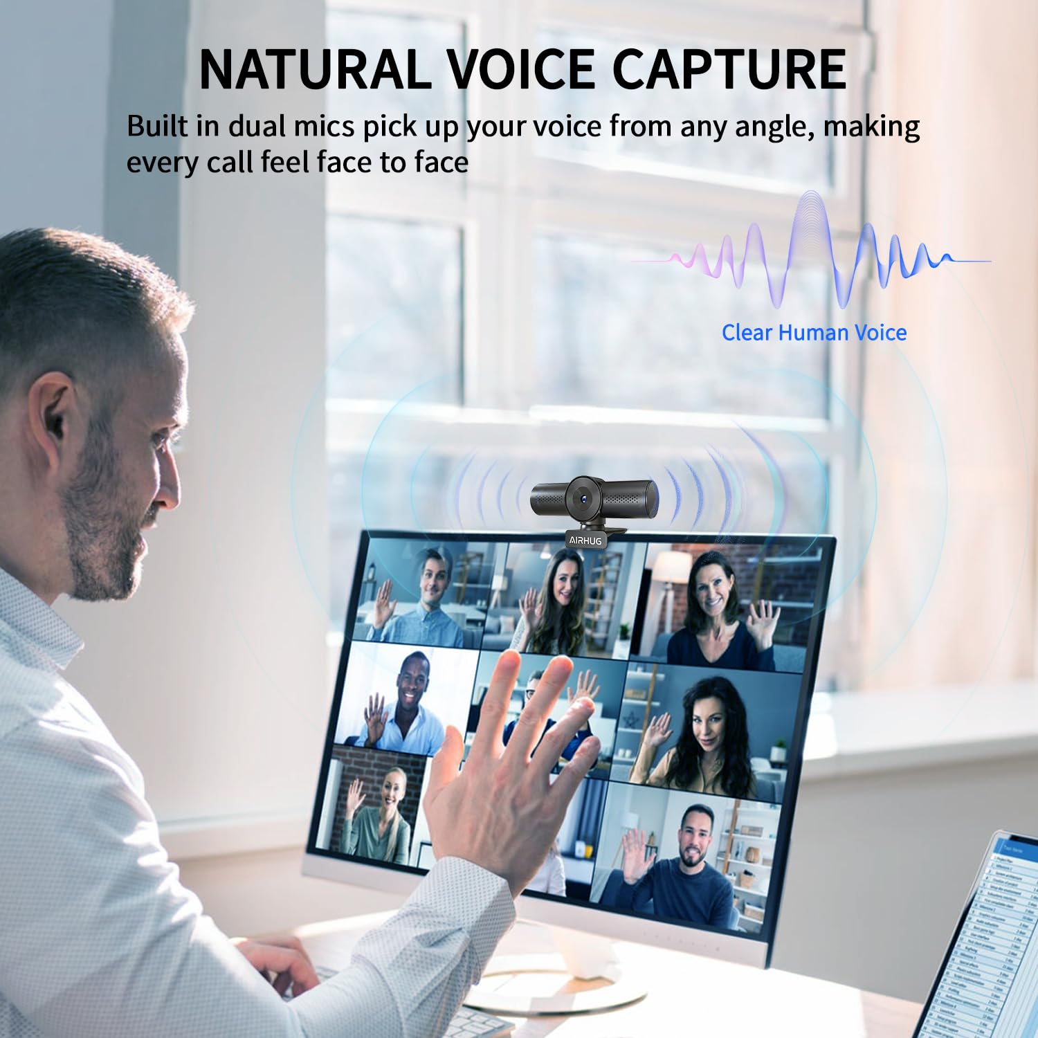 AIRHUG Webcam streaming 2K 60fps con doppio microfono e copertura per la privacy