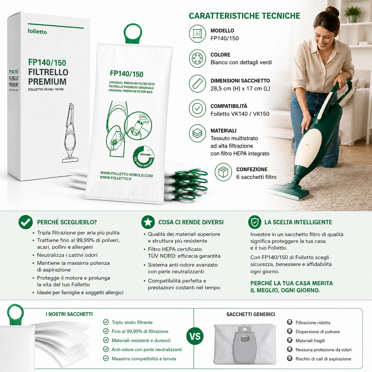 6 Sacchetti Folletto VK 140/150 ORIGINALI - Filtrello Premium FP 140/150 + DOVINA INCLUSO - per Folletto VK140/150, Triplo Strato Antipolvere, Anti Allergeni e Anti Odore