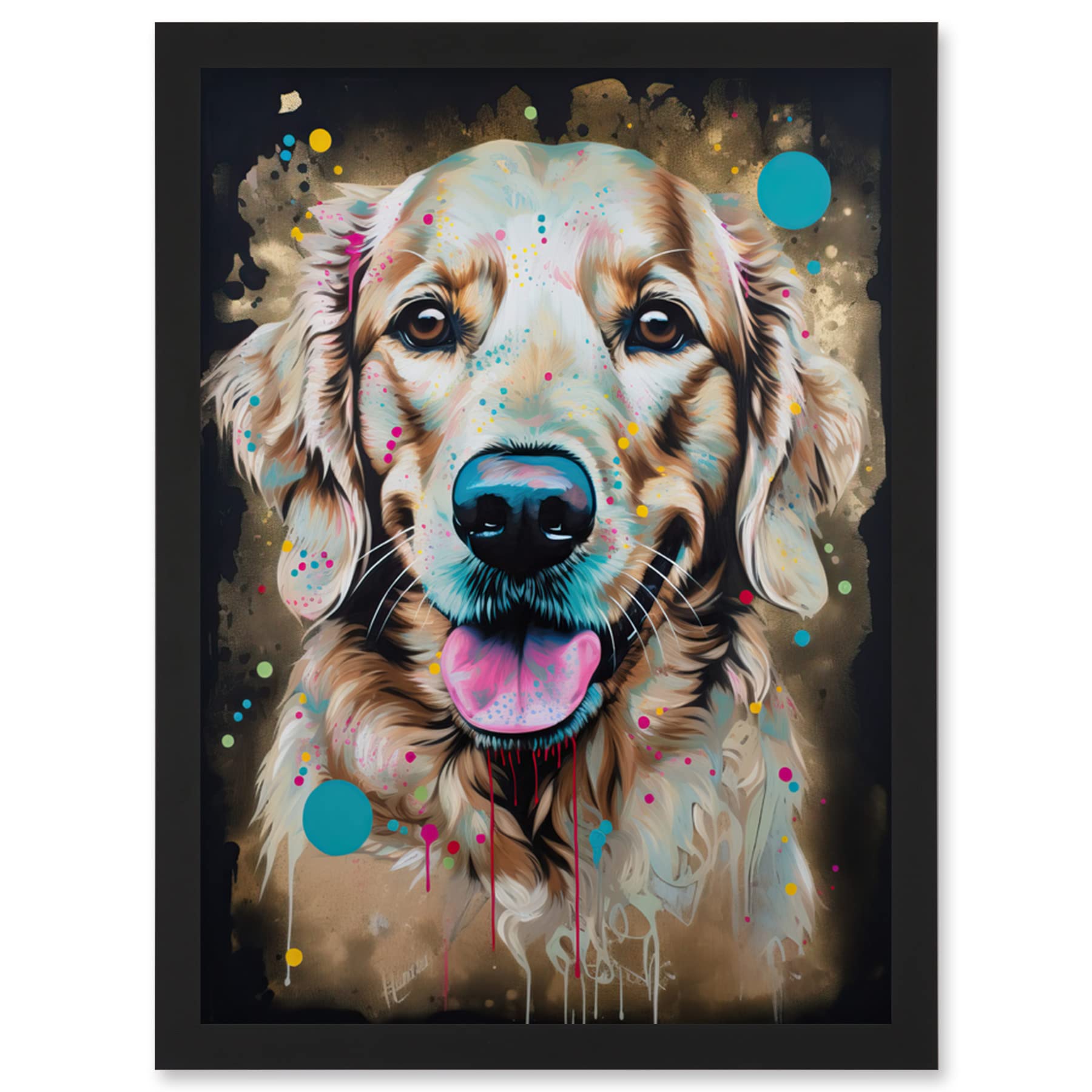 Artery8 Happy Smiling Golden Retriever Dog Portrait Artwork Framed Wall Art Print A4