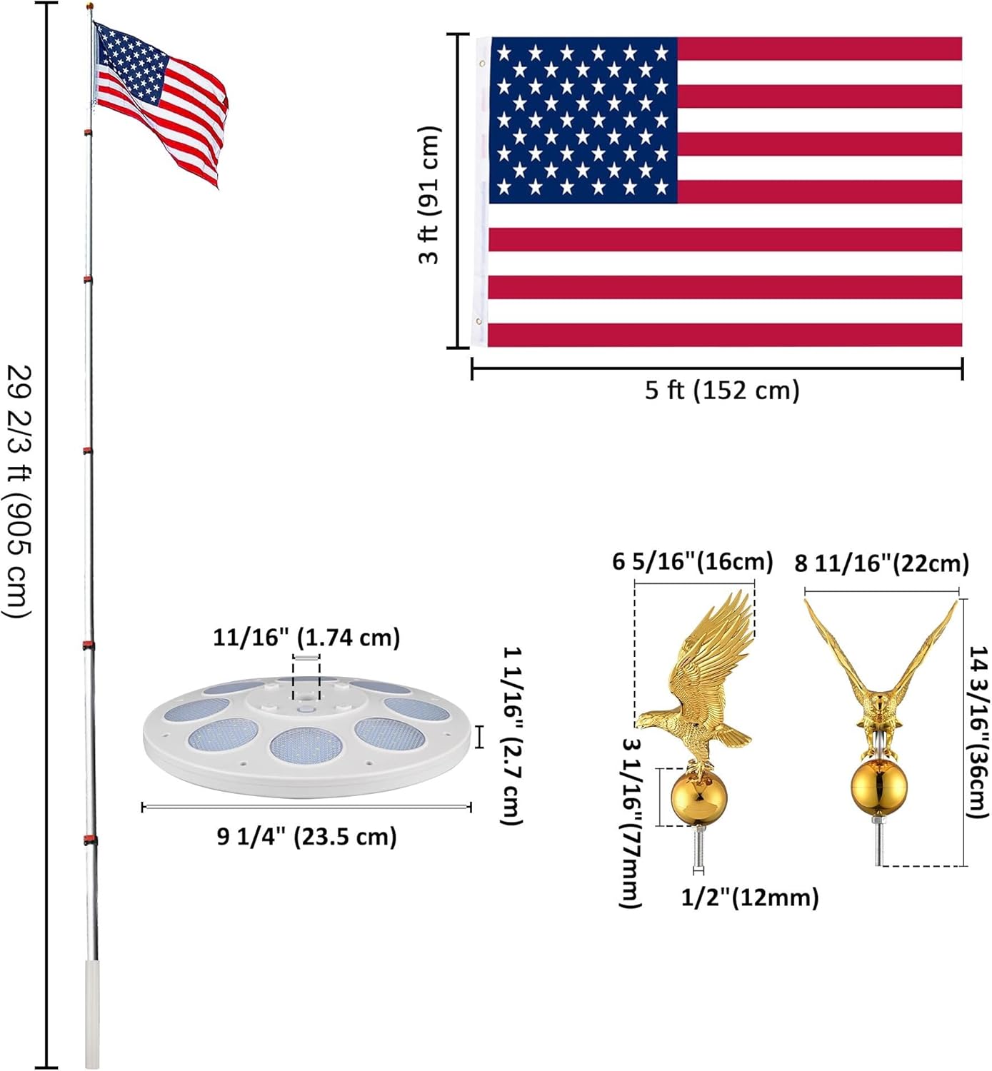 Yescom EZ GO 30ft Eagle Topper Telescopic Flag Pole Kit w/LED Solar Light US Flag for Outside House Inground Outdoor Camper RV Tailgate Party with 3x5' US Flag Ball Top, Silver