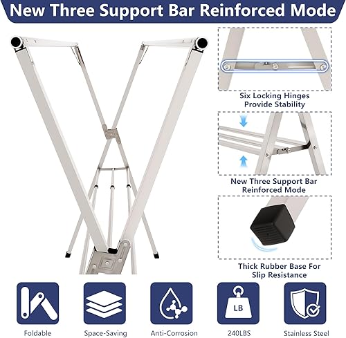 Miniatura 5 de Estante de secado de ropa plegable de 95 pulgadas, estante de secado de ropa de acero inoxidable resistente para interiores y exteriores, perchero