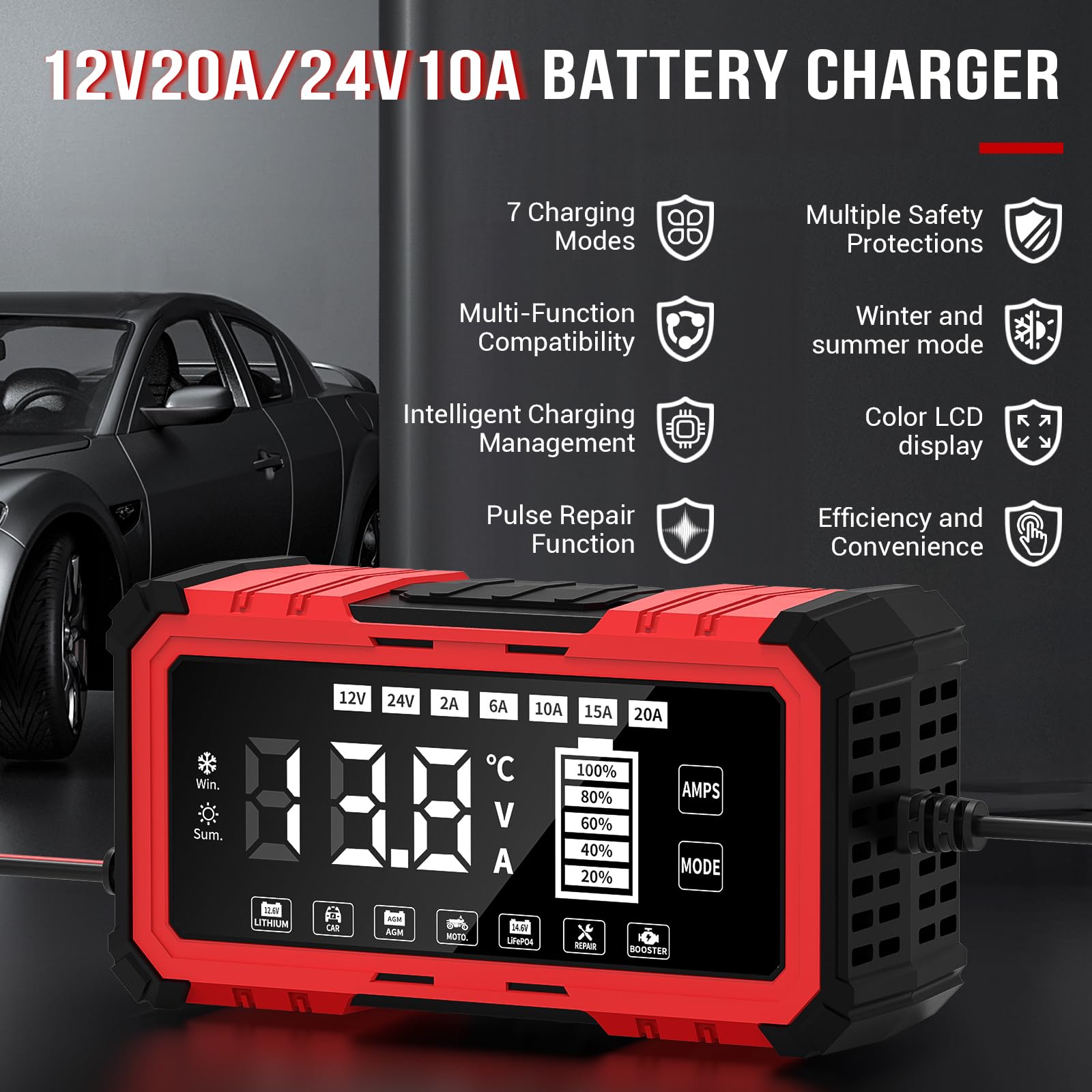 Caricabatterie da auto da 20 A, 12 V/24 V, Smart completamente automatico | con compensazione della temperatura, caricatore intelligente per auto, moto, camion, tosaerba, tosaerba o barca (20A)