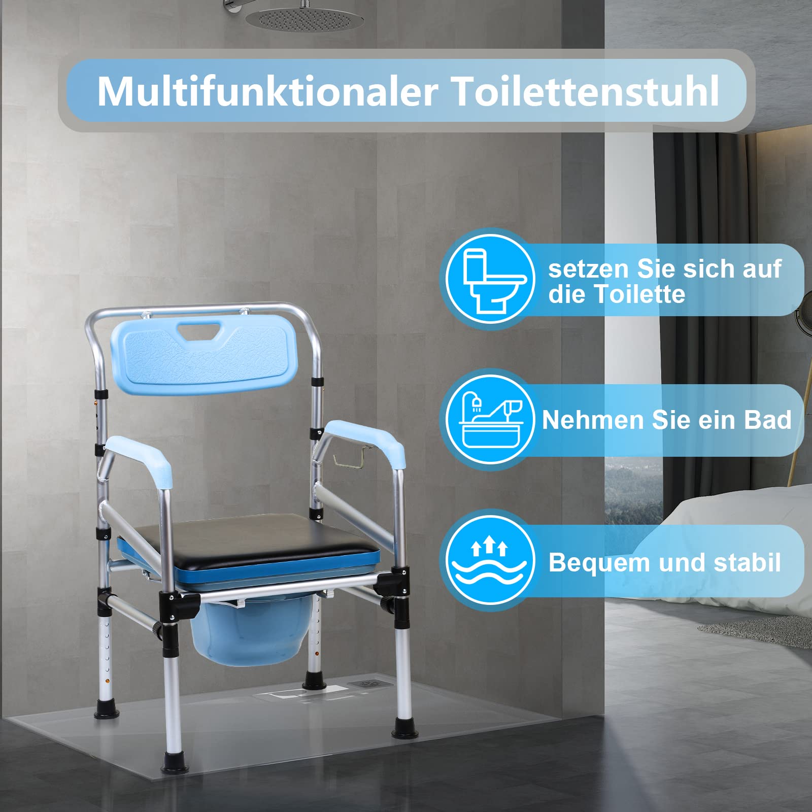 Jopassy Toilettenstuhl,Toilettenstuhl für senioren Höhenverstellbar 42-54cm,mit gepolsterter Sitzplatte und Toiletteneimer Belastbarkeit bis 160kg,für Senioren und Schwangere