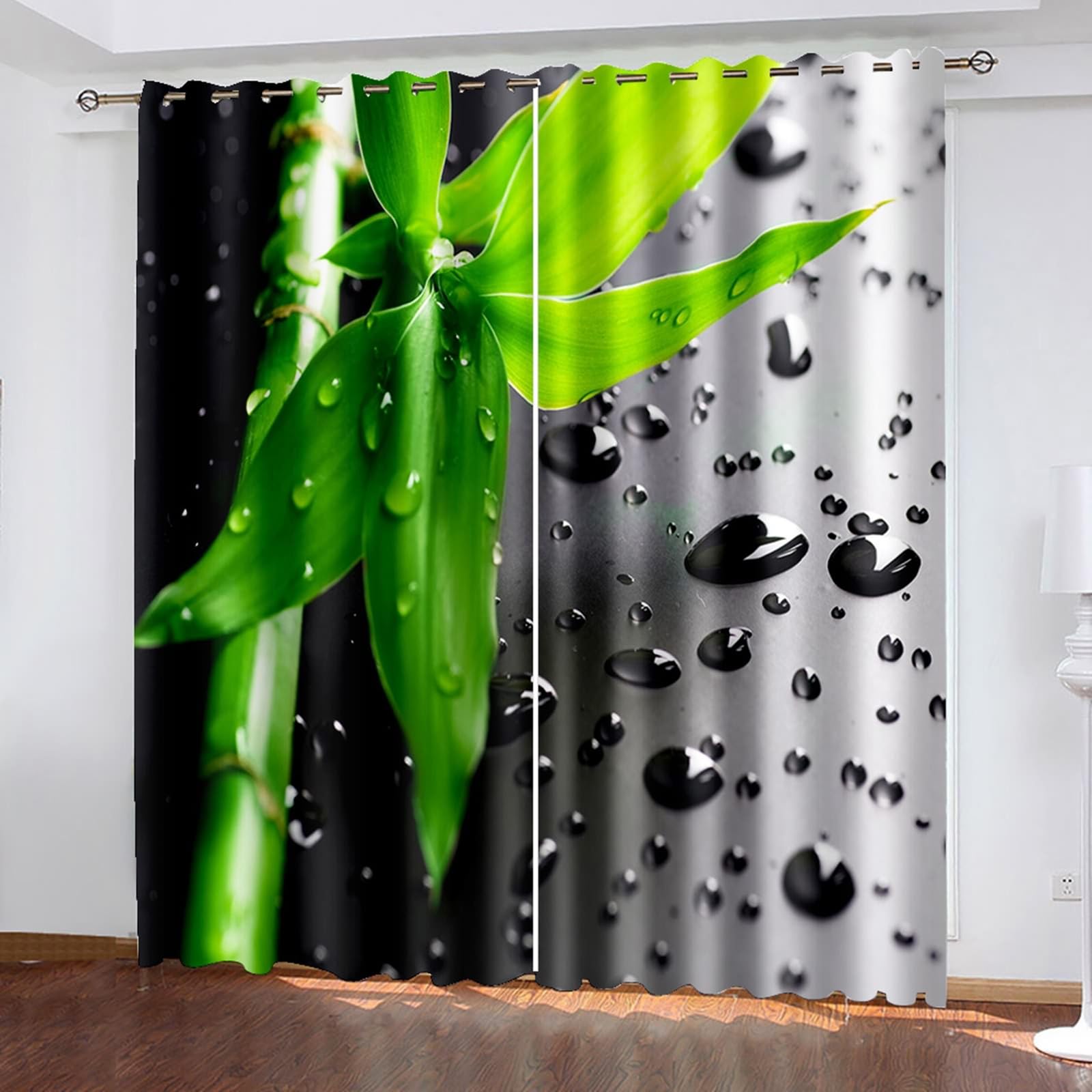 Schlafzimmer Vorhänge Modern, 234x214cm Grün Dunkelgrau Blatt- und Wassertropfenmuster Vorhang für Schlafzimmer/Wohnzimmer