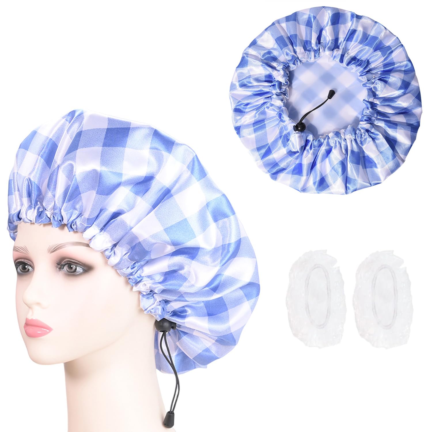 STAYOUNG Shower Cap - Waterproof Shower Cap with Disposable Ear Cover, Extra Large Satin Adjustable & Reusable for Dreadlocks, Waterproof Bath Cap for Women, Braids, Long Hair (Blue, White)