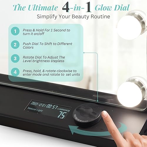 Miniatura 6 de LUXFURNI Espejo de tocador con luces, espejos de maquillaje, espejo Hollywood con 15 bombillas LED, 3 modos de color y brillo ajustable, aumento de