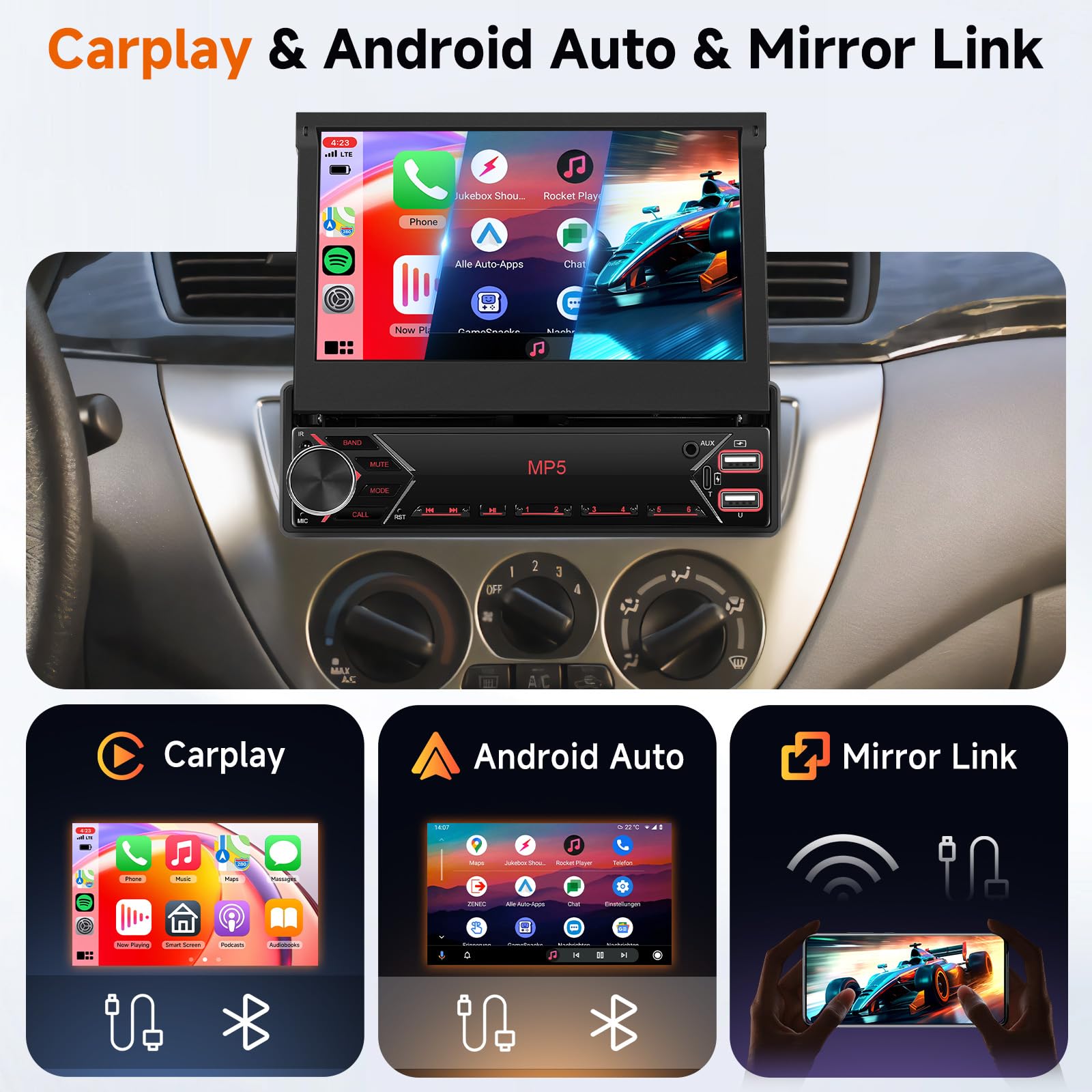 Single Din Flip Out Car Stereo Touch Screen Wireless Carplay Android Auto, 7 inch Car Radio 1 Din Bluetooth Support FM/EQ USB/Type-C SWC, Driauto Car Audio Receiver MP5 Player with Backup Camera