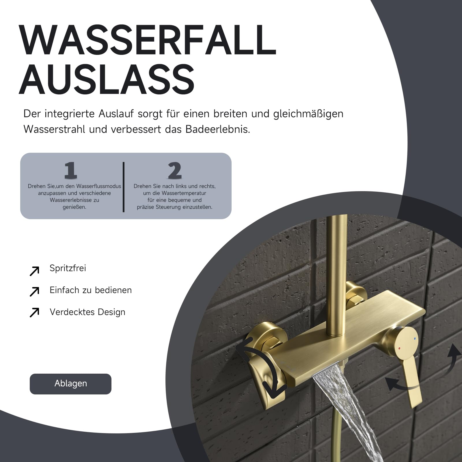 Duschsystem,3-in-1-Duschset Gebürstetes Gold,mit 260 mm runder Regenduschkopf,3 Modus Handbrause,und einem unteren Wasserauslass,360° Verstellbarer Regendusche Duschkopf,Multifunktionales Ablagefach