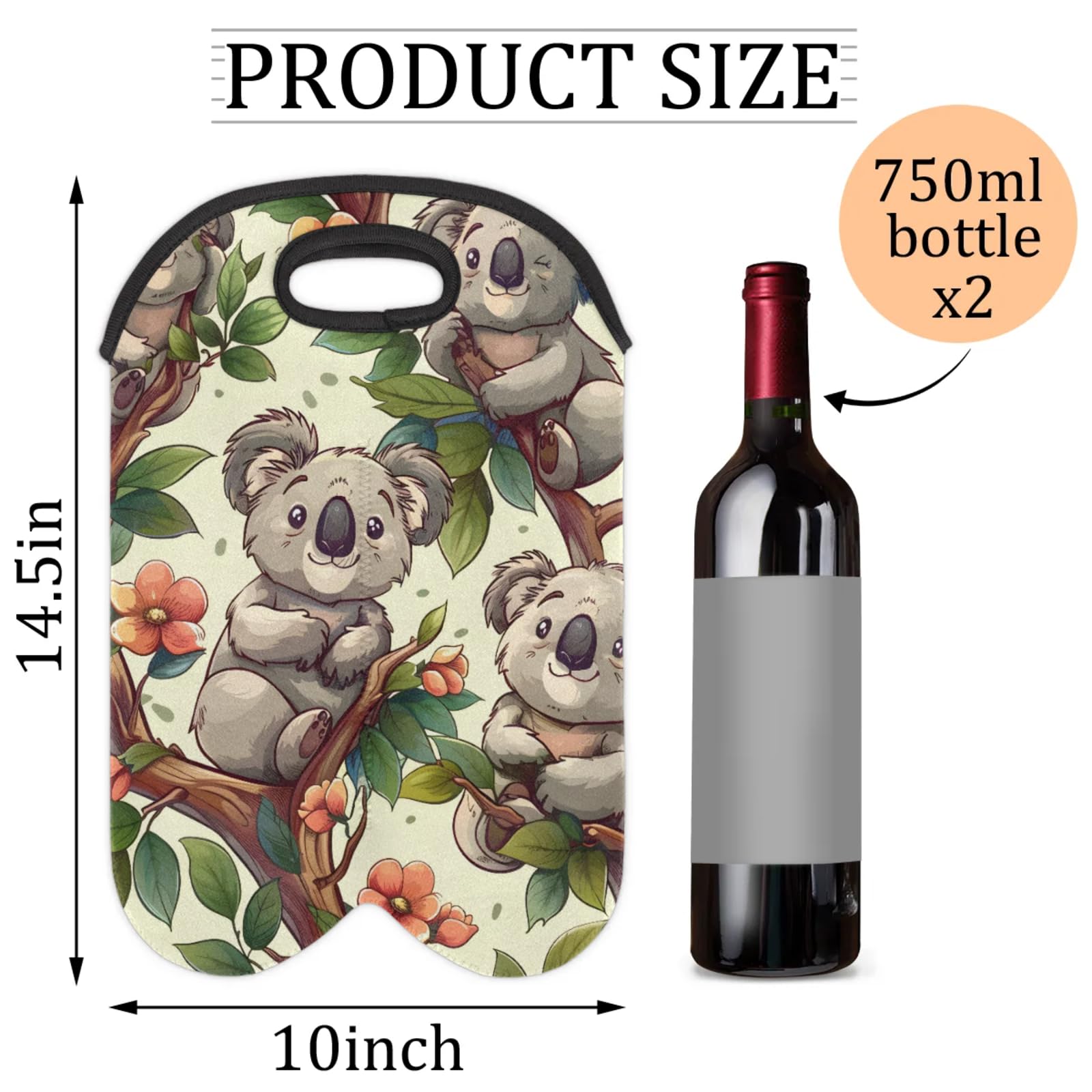 GzLeyigou 2 Bottles Koalas Wine Bag Sleeve Totes Neoprene Protective Wine Carrier Bag for Wine,Water, Champagne, Beer, Baby Bottles,Gift 14.5 x 10 Inches