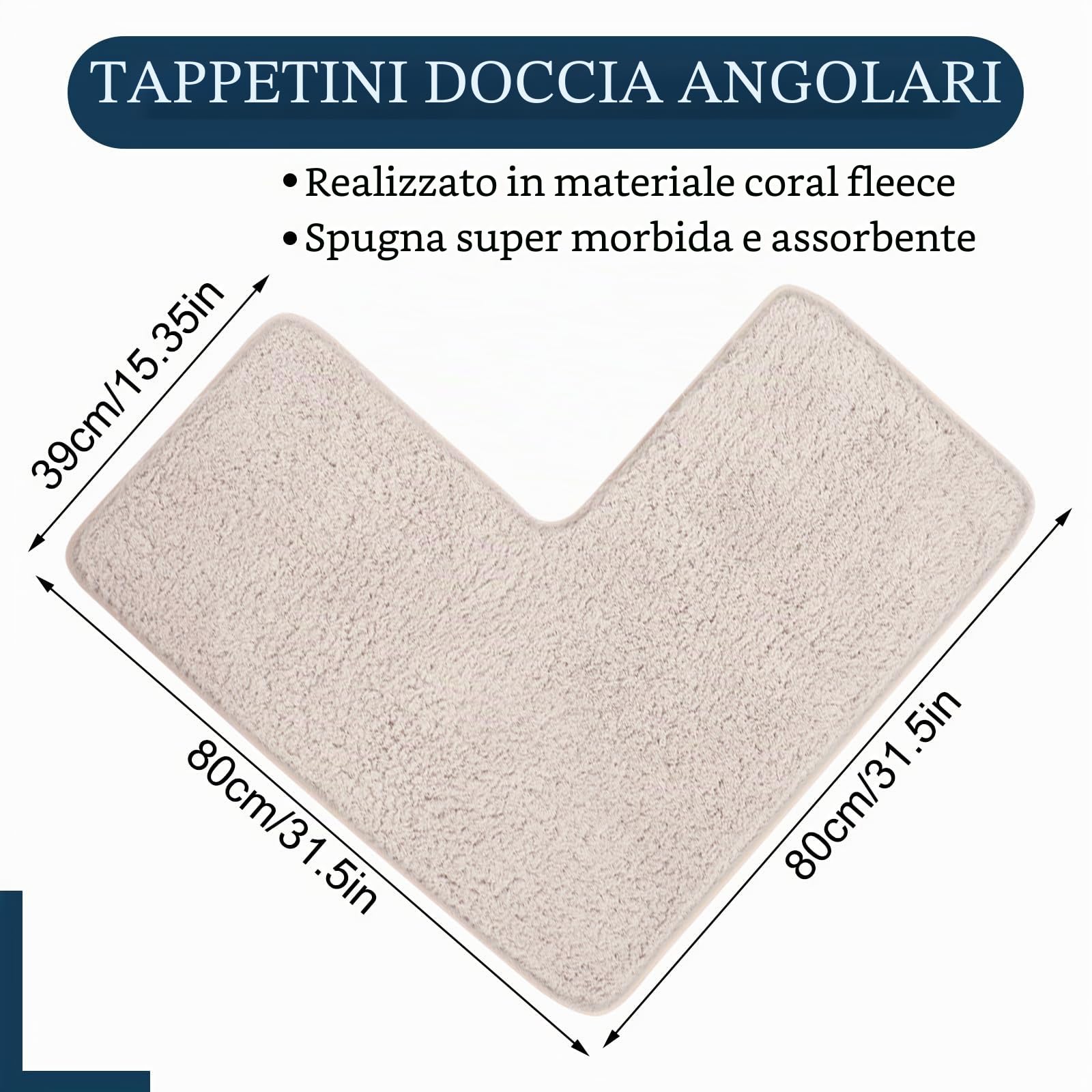 CECOMBINE Tappetino da bagno a forma di L, tappetino da doccia angolare in microfibra, antiscivolo, assorbente, con fondo antiscivolo, dimensioni interne 80 x 80 cm, tappeto per bagno, vasche, casa