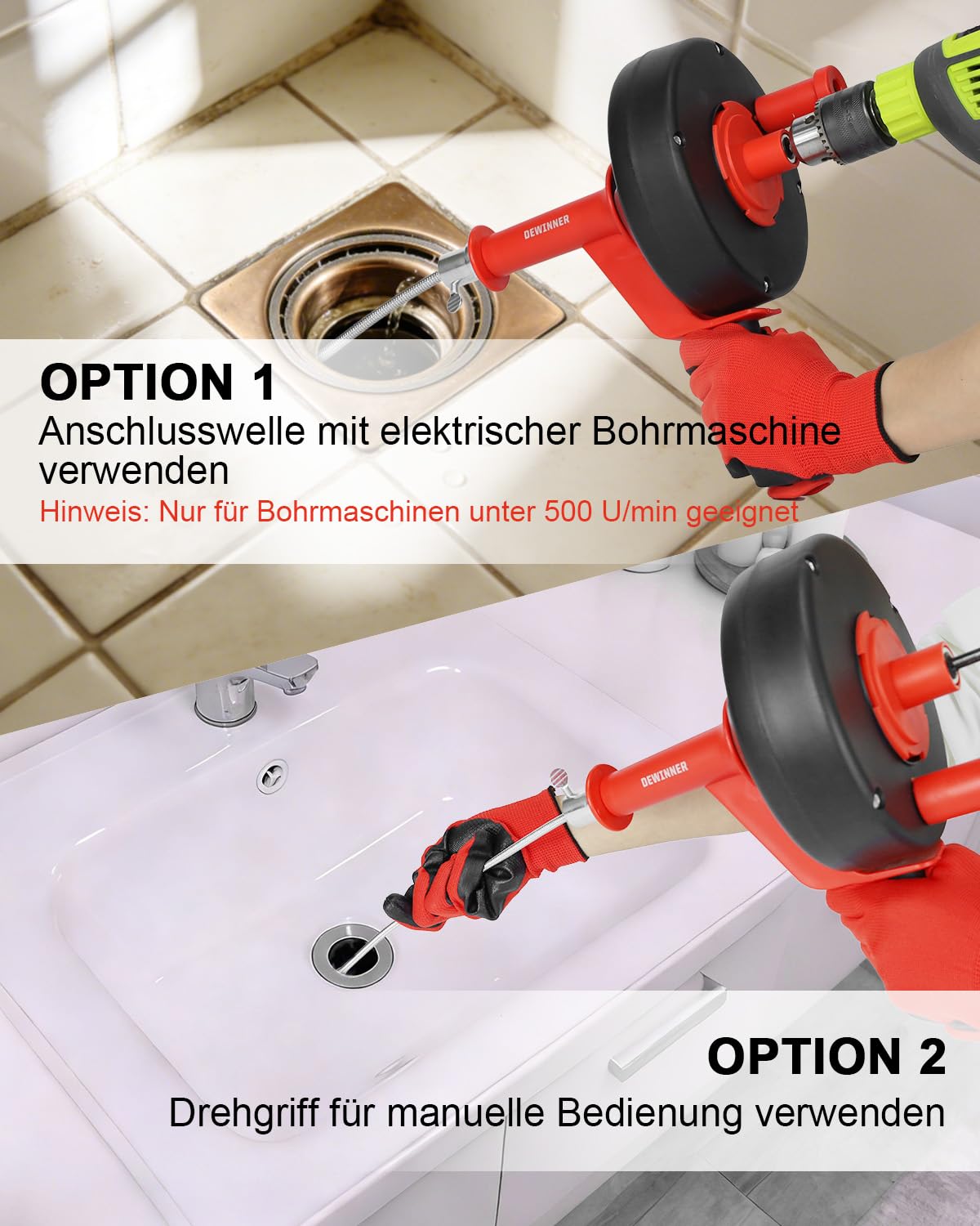DEWINNER Rohrreinigungsspirale 10m mit Bohraufsatz - Manuell & Elektrisch Abflussreiniger Komplettset inkl. Handschuhe - Für Küche, Waschbecken, Dusche, Badewanne