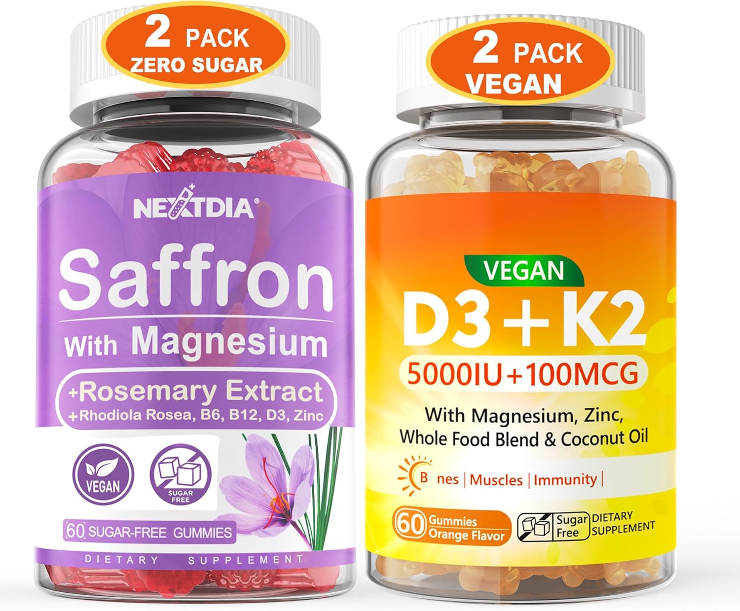 Nextdia 2Pack Saffron Supplements Gummies + 2Pack Vegan Vitamin D3 5000IU K2 Gummies, Whole Food Blend, Coconut Oil, Magnesium