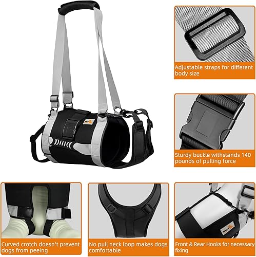 Miniatura 4 de Arnés de elevación para perros grandes, portador de cuerpo completo con asa, hasta 60 libras, para escaleras, soporte de patas traseras, lesiones en
