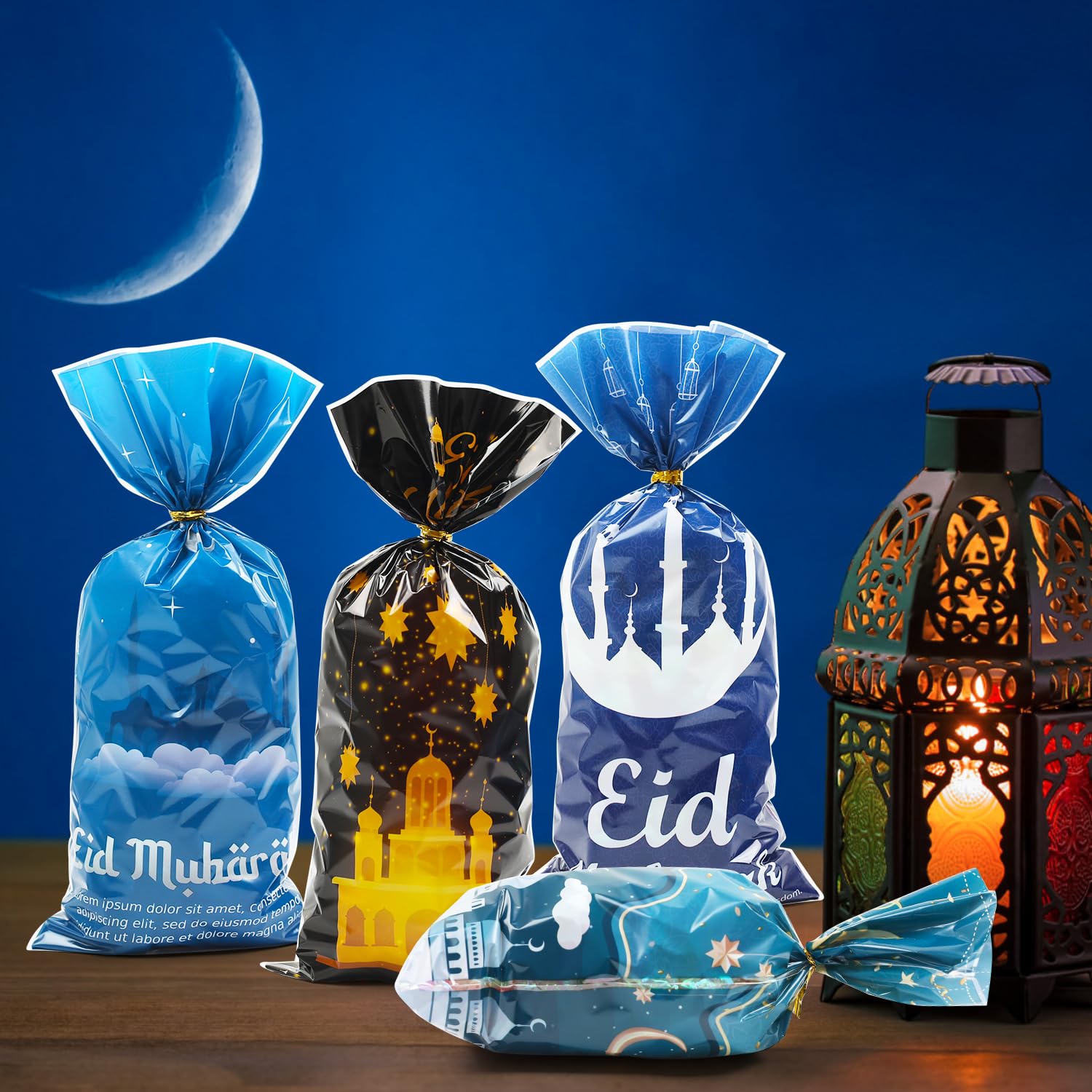 200 Sacs à Friandises Pour L'Aïd Mubarak & Ramadan + 120 Attaches Torsadées - 4 Motifs Islamiques