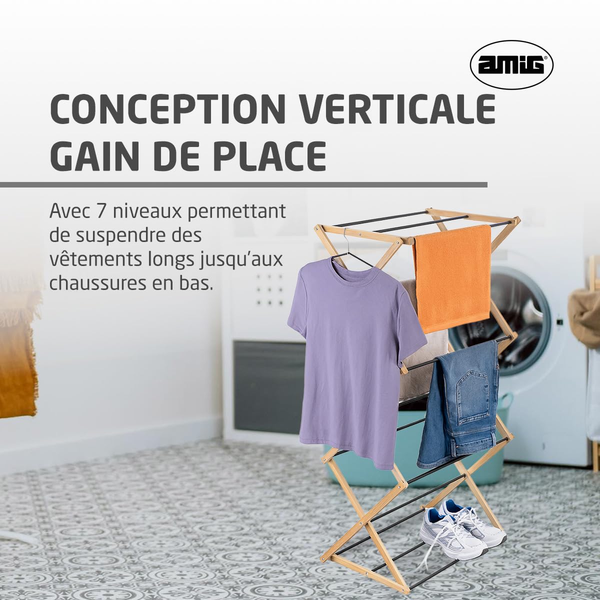 Amig - Étendoir Vertical Type Tour Pliable Mod. Aeria ZenRack - Acier époxy et Bambou - Séchoir à Linge Design Vertical - 5 m d’Espace d’étendage - 54x36x106 cm - Couleur Noir/Bambou