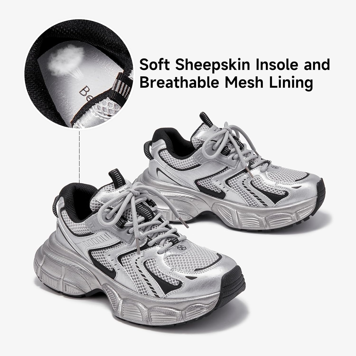 BEAU TODAY Women's Walking Shoes, Chunky Platform Fashion Sneakers for Women, Comfortable Casual Lightweight Lace-up Gym Workout Athletic Tennis Shoes - Image 4