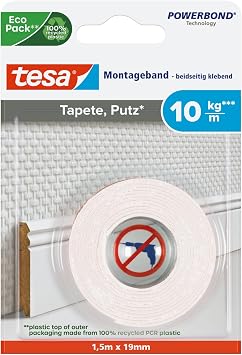 tesa Mounting Tape for Wallpaper, Plaster - 1.5 m x 19 mm