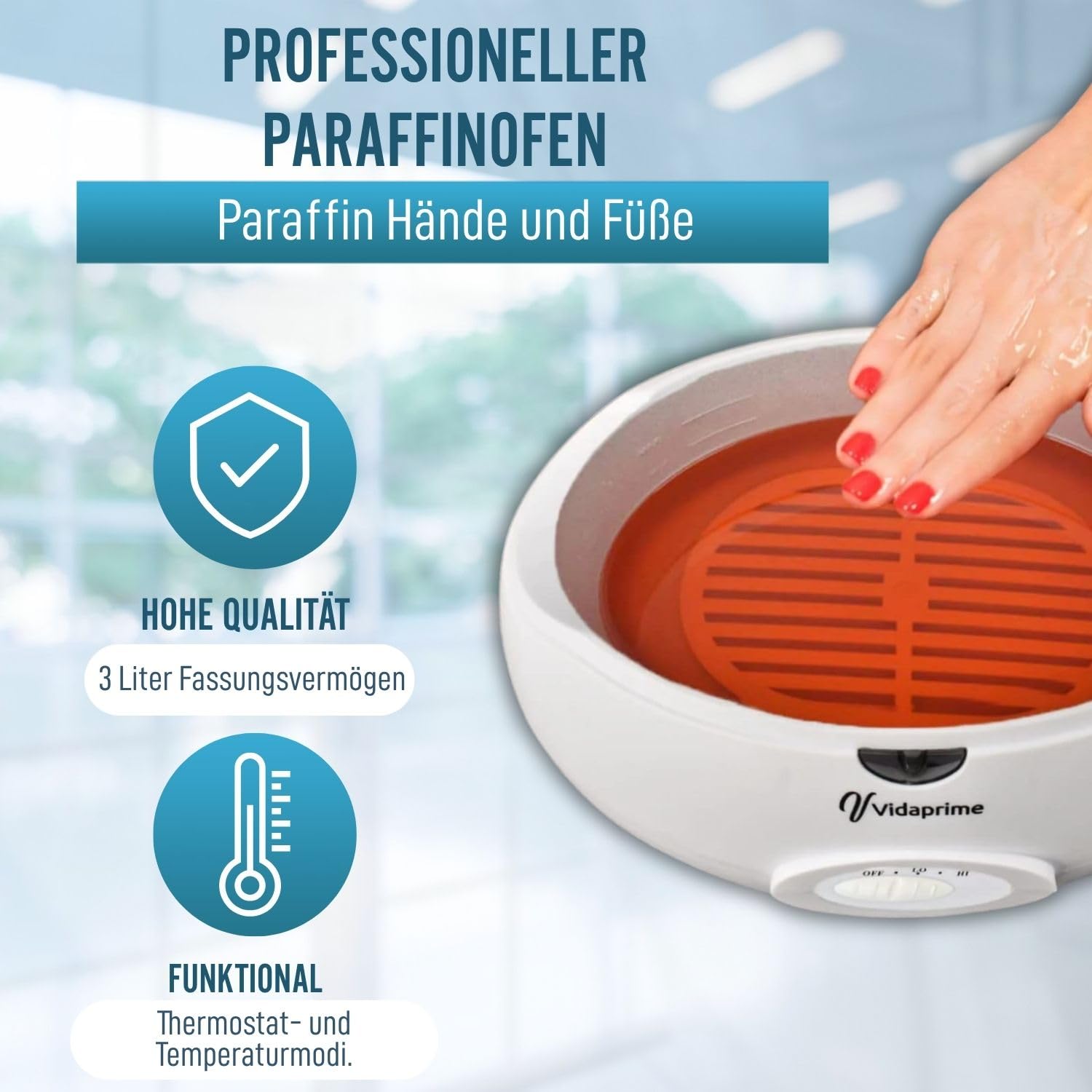 OrtoPrime Paraffinbad für Hände und Füße – 3L Wachsbad für Parafintherapie bei Arthrose & Schmerzen – Professionelles Paraffin Handbad – Parafinbad für Reha, Pflege & Thermotherapie